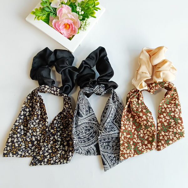 ★3色シュシュ 3個セット 髪飾り3個セット 花柄リボンシュシュ サテン 光沢感 ヘアアクセサリー かわいい 可愛い おしゃれ 結婚式 レディース 誕生日 プレ...