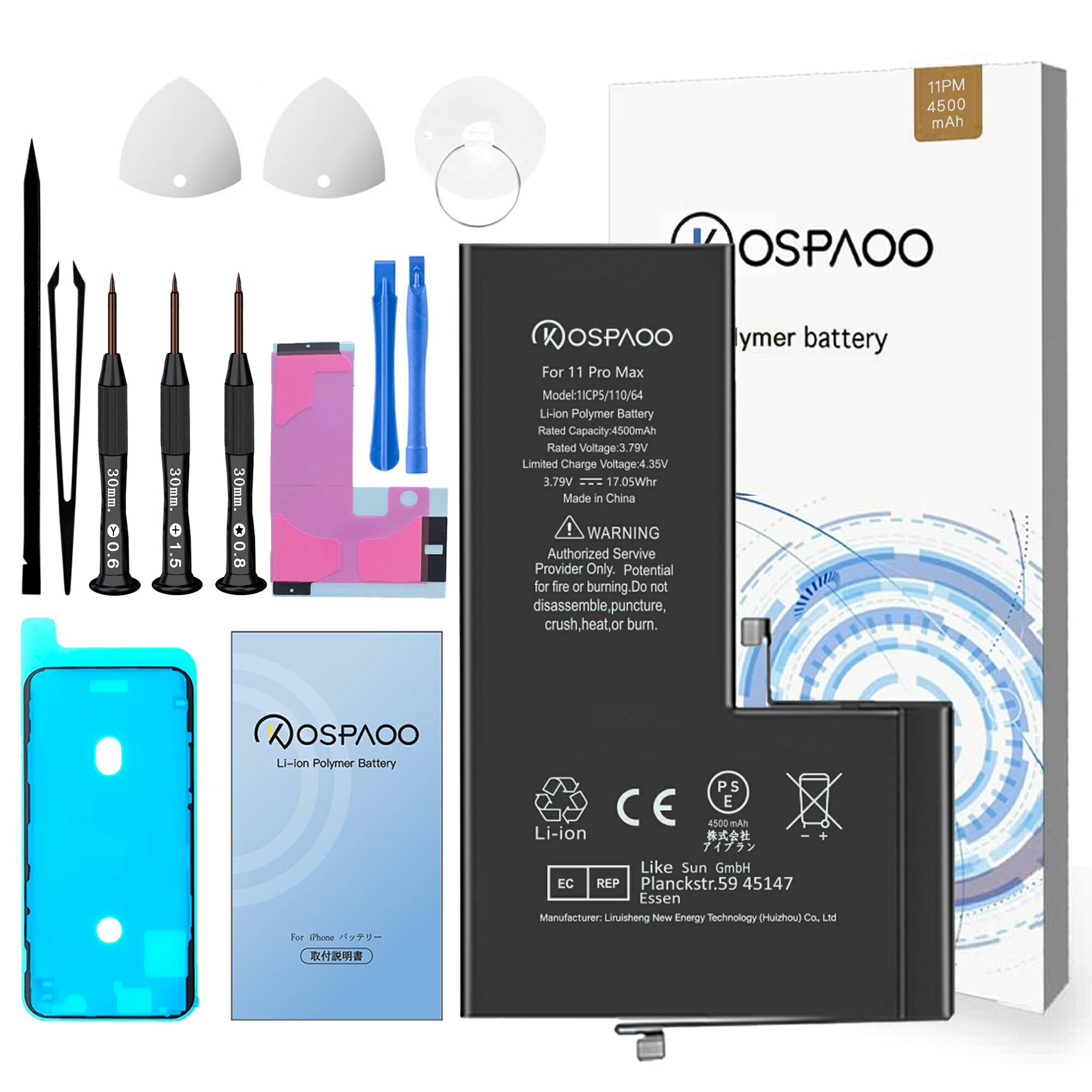 KOSPAOO for iPhone 11Pro Max バッテリー 互換 大容量4500mAh 3.79V 13%増量 日本語説明書 PSE認証 対応A2218/A2220/A2161機種 交換 修理 電池交換動画付き Li-ion Polymer Battery 高温・低温耐性 600~800サイクル寿命 適用iPhone 11Pro Max電池
