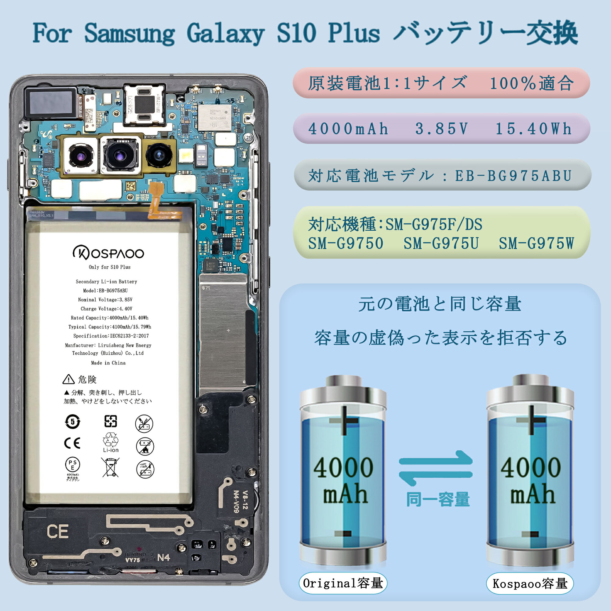 KOSPAOO for Samsung Galaxy S10 Plus バッテリー 交換 容量4000mAh 3.85V 対応EB-BG975ABU電池 PSE認証 適用SM-G9750/SM-G975U/SCV42/SC-04L等機種 互換修理用 Secondary Li-ion Battery 高温・低温耐性 600～800サイクル寿命 対応Samsung Galaxy S10+電池【工具付】 3