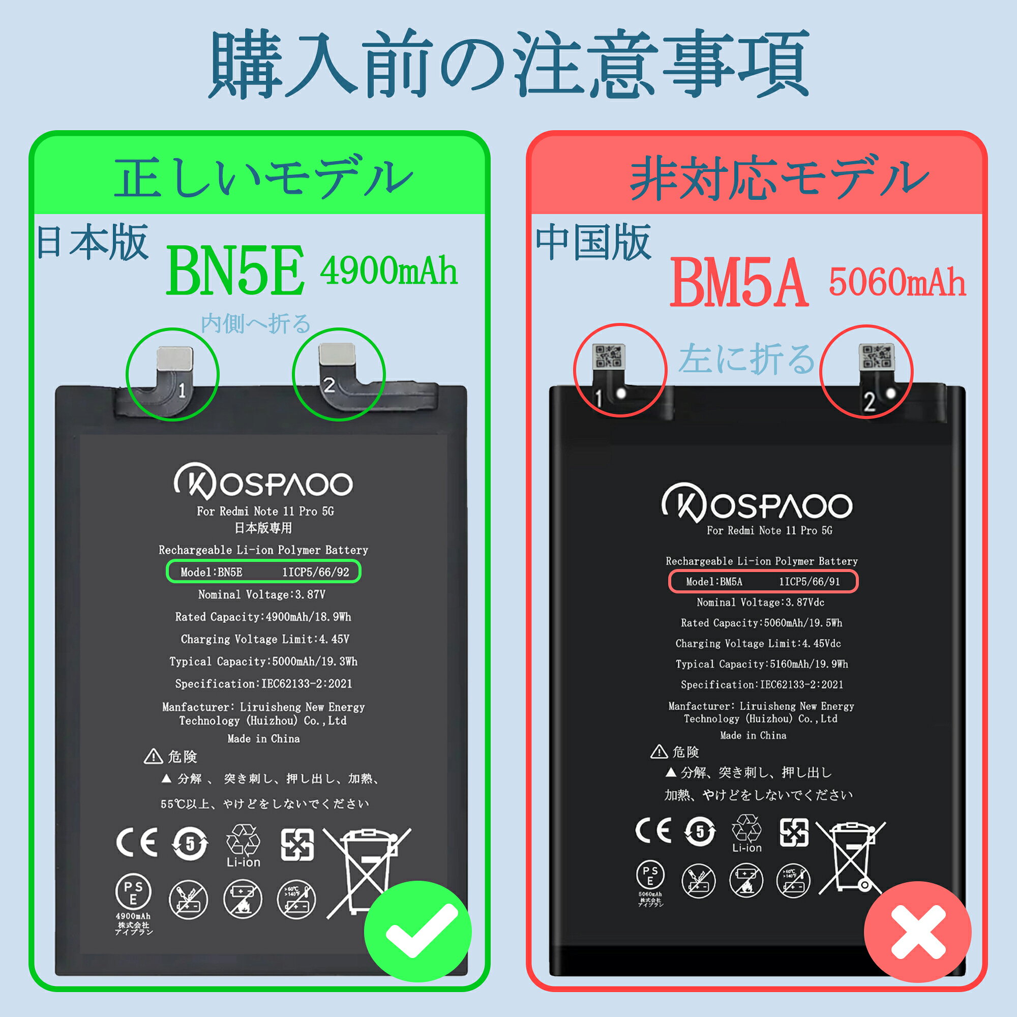 KOSPAOO for Xiaomi Redmi Note 11 Pro 5G 日本版専用バッテリー互換 容量4900mAh 3.87V BN5E電池 PSE認証 適用2201116SG機種 交換修理用 高温・低温耐性 600～800サイクル寿命、非対応Redmi Note 11 Pro中国版専用(電池モデル:BM5A)適用Redmi Note 11 Pro 5G電池【工具付】 3