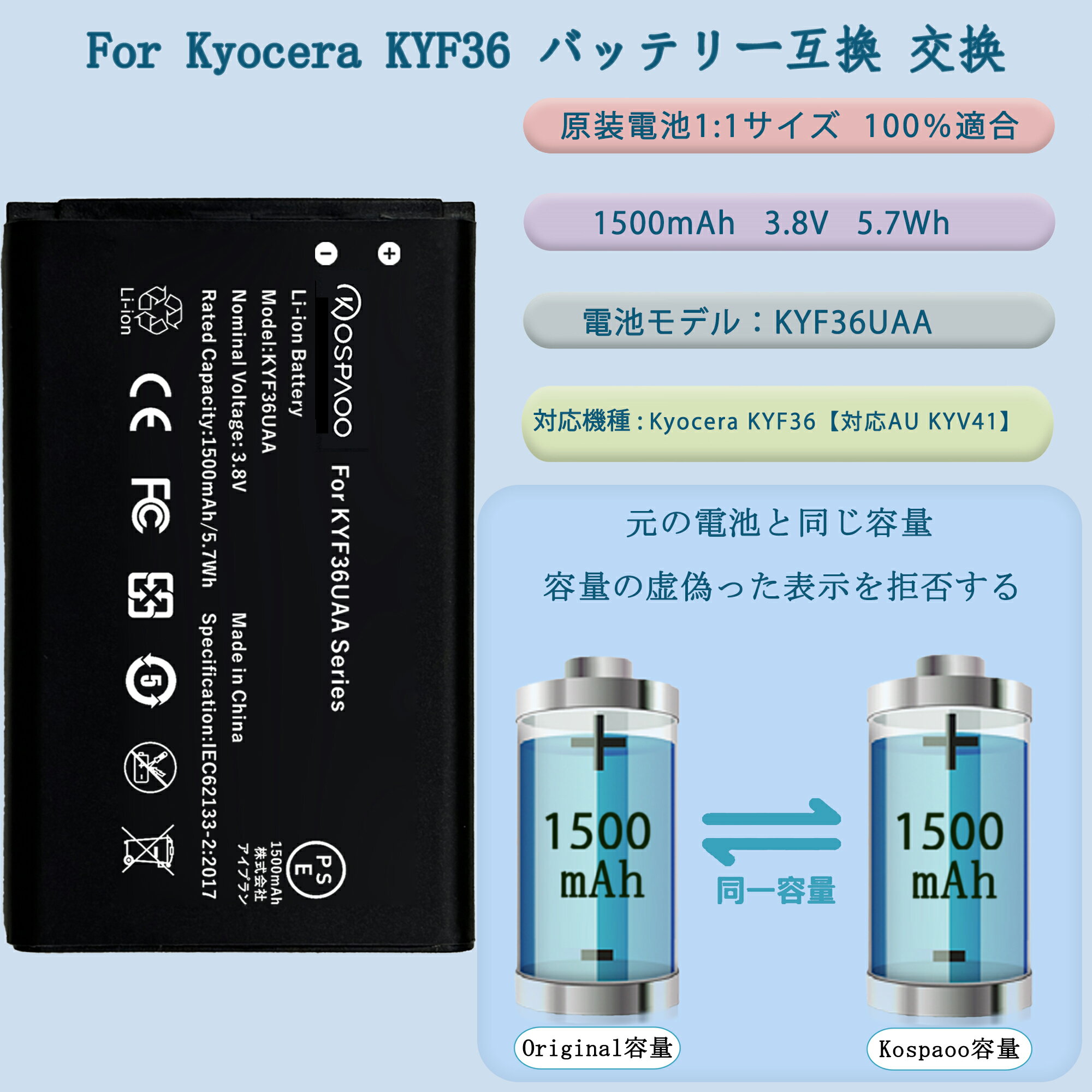KOSPAOO for Kyocera KYF36 バッテリー互換 容量1500mAh 3.8V KYF36UAA電池 PSE認証 対応KYF43/KYF42/KYF41/KYF39/KYF38/KYF37機種 交換修理用 Li-ion Battery 高温・低温耐性 600～800サイクル寿命 適用KYF36電池【No Tool】 2