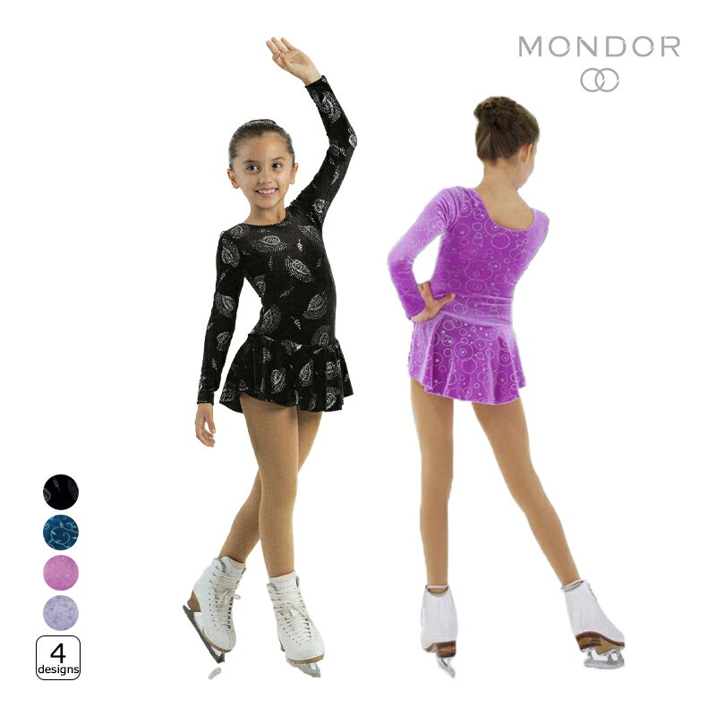 MONDOR（モンドール） ドレス 2723 -BORN TO SKATE GLITTER DRESS （2723 グリッター ドレス） ほど良い艶感が上品なベロア生地に、グリッターで描かれたデザインがキラキラと輝く、華やかなワンピースドレス。 どんなジャケットともコーディネートがしやすいシンプルなデザイン。 インナーパンツが一体になっているので、スカートがめくれても安心です。 同柄のヘアアクセサリー(シュシュ)付き。 ●海外製品に関して 素材 Polyester 90％, Elastane 10％ サイズ Girls 検索ワード フィギュアスケート、練習用、ウェア、コスチューム、オールインワン、スカート、シャイニー、初心者向け、スケート教室、発表会 ●ラッピングをご希望の場合はこちらをご確認下さい。