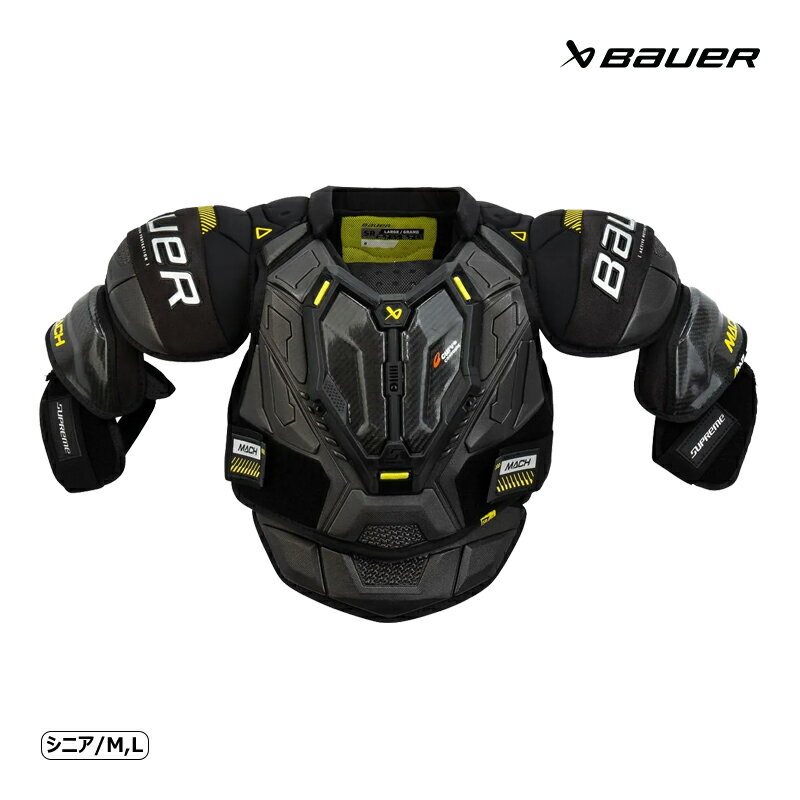 BAUER（バウアー） ショルダー S23 シュープリーム MACH SR ◆BAUER 2024-2025モデル◆ 人間工学に基づいたフィット感のあるAMP(Active Motion Protection)構造で衝撃から身体を守るのはもちろん、あらゆる動きを自然に快適にすることが出来、プレーヤーのパフォーマンスを最大限に引き出します。 《SUPREME MACHショルダーの特徴》 ・肩カップ部：ロープロファイルAMPカップでスッキリとした肩のシルエットを実現。衝撃を吸収すると共に動きやすさも確保しています。 ・前面胸骨部：強度が高く軽量なカーボン素材Curv&reg;コンポジットを使用した立体成型プレートが軽量化と高い耐衝撃性を実現。動きやすいフローティング構造で身体に自然にフィットします。 ・胸部パネル：立体成型の超軽量パッドHyperlite Foamを使用。水分の影響を受けず、ゲーム中も常に軽さを保ちながら防護性も確保しています。 ・背面パネル：背中全体を隙間なくカバーし、背骨部分には立体構造で通気孔のあるパッドVent Armor Foamを使用。衝撃を吸収すると共に通気性も確保しています。また、延長リブラップがろっ骨部分もしっかりとガードします。 ・鎖骨部：立体構造の高密度フォームパッドを使用し衝撃を吸収します。 ・上腕ガード：軽量なカーボン素材Curv&reg;コンポジットを使用した分割2ピース構造でぴったりと上腕にフィットしどんな動きにも対応します。ベルクロストラップにて長さ調整が可能。 ・腹部パッド：取り外しが可能。パンツとの隙間を調整出来ます。 ・裏地：速乾性に優れた吸湿発散素材THERMO CORE ZEROを使用。 ・インターサイズはこちら ・ユースサイズはこちら ●海外製品に関して 検索ワード アイスホッケー、ショルダー、SUPREMEシリーズ、トップモデル