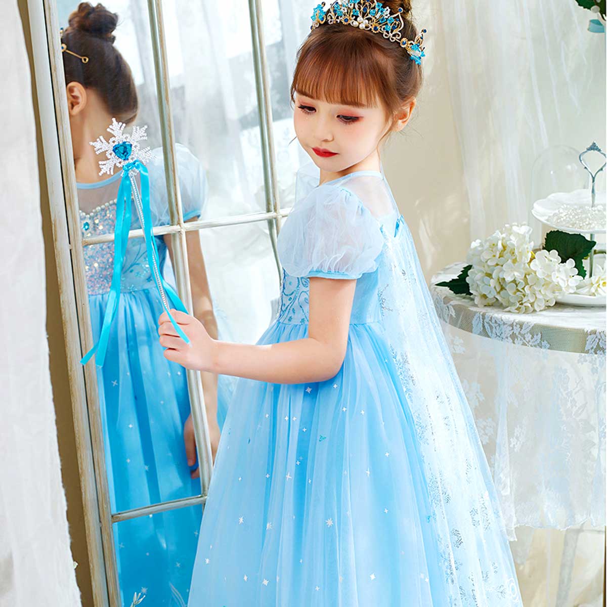 【3点セット付き】エルサ ドレス キッズ 子供 雪の女王 半袖 衣装 プリンセス ドレス 衣装 コスチューム 誕生日 女の子 子ども プリンセスドレス 高級 仮装 コスプレ お姫様 コス プレゼント ウィッグ 付け毛 ティアラ ステッキ LiL Merry 3
