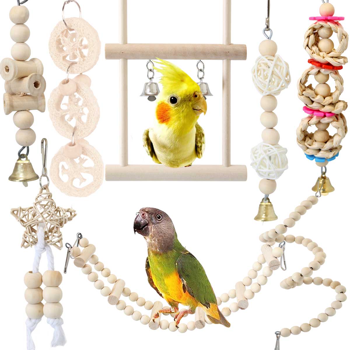 ＼スーパーSALE限定★P+3倍／【8点セット】【楽天1位★2冠獲得】インコ おもちゃ 吊り下げ 鳥 止まり木 木製 ブランコ 小鳥 とまり木 はしご 遊び道具 セキセイインコ 玩具