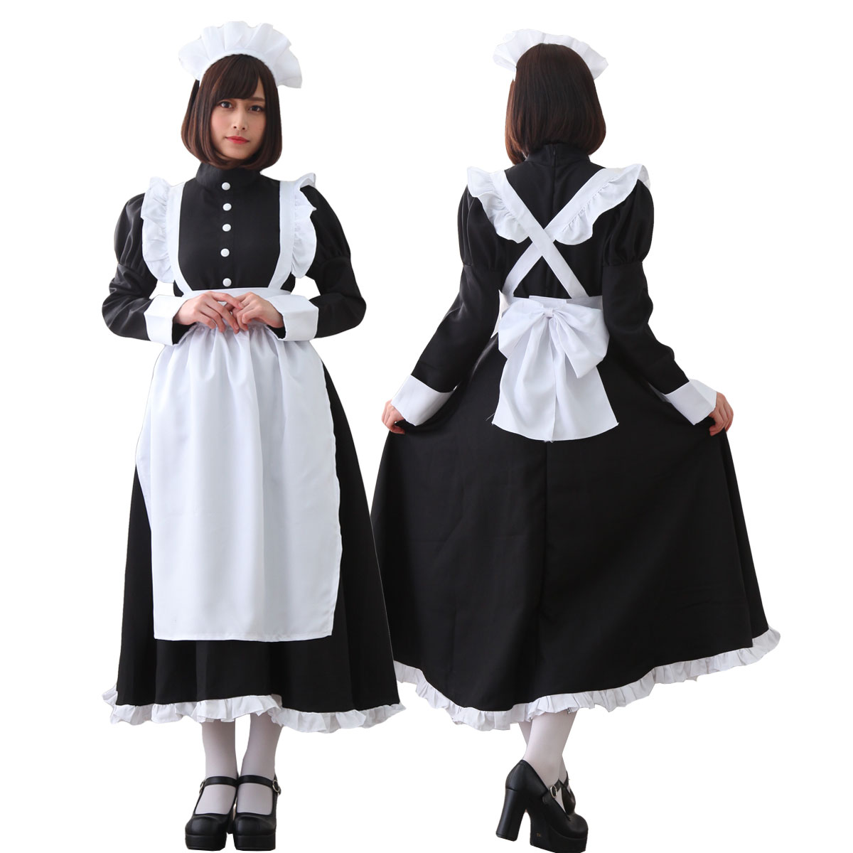 【楽天1位★獲得】メイド服 ロング クラシック 衣装 コスプレ 長袖 黒 大きいサイズ 可愛い メイド エプロン カチューシャ 仮装 セクシー コスチューム ハロウィン 上品 可愛いカチューシャ付き【高級感ある本格仕様】