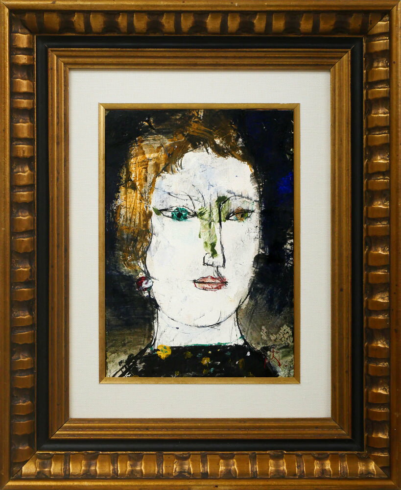 渡辺 貞一「青い眼の女」油絵（21.5×15cm） 国画会会員 孤高の画家 青森出身 生と死の世界観 小竹美術 真作保証