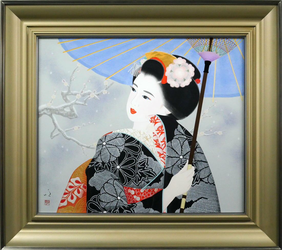 新稲 明「淡雪」日本画 F10号 伊勢丹 小田急百貨店などで個展 美人画を得意 上村松園に影響を受ける 小竹美術 真作保証