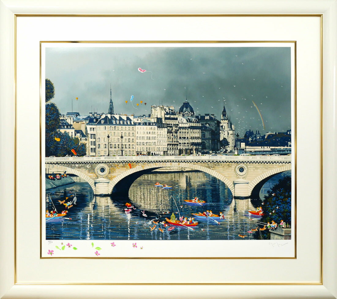 絲網印刷 - 山形　博導（ヒロヤマガタ）「キャッツ　オン　セーヌ（リマーク版）」シルクスクリーン版画・限定サイン入　小竹美術　真作保証