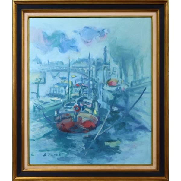 乐天商城 - 井上　章「バトー・ルージュ」油絵F20号 在仏作家 ル・サロン銀賞 大阪三越個展 春秋館画廊90万購入 大型作品 小竹美術 真作保証