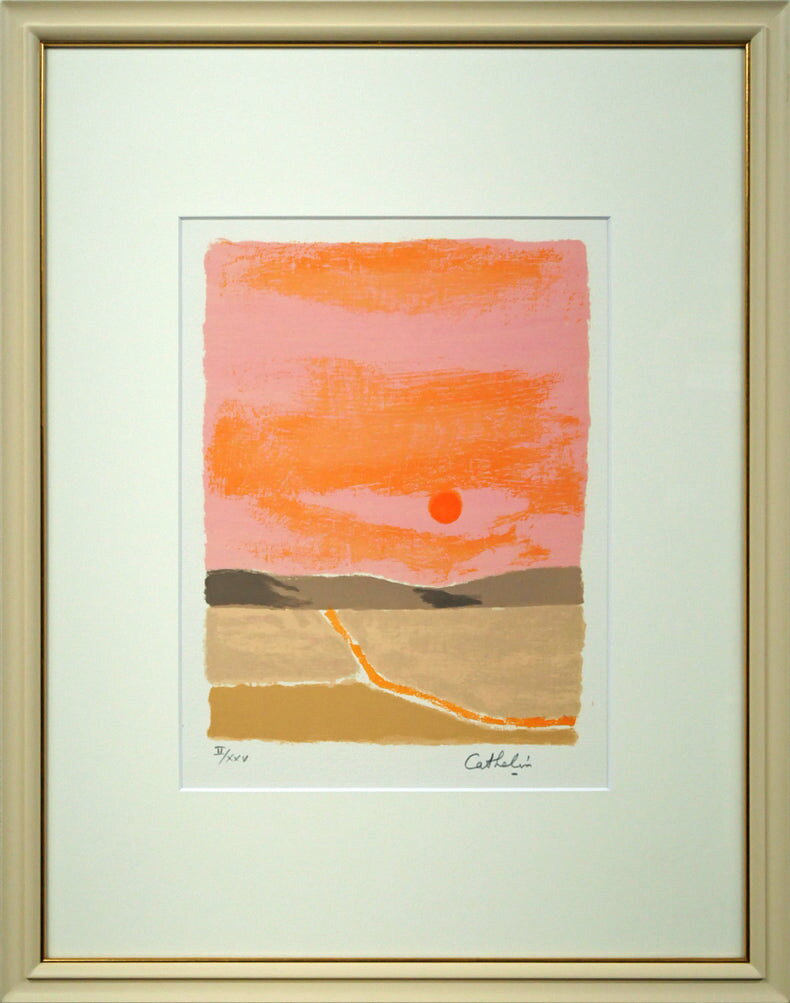 商品詳細 【　作者　】　ベルナール　カトラン(Bernard　Cathelin) 【タイトル】　此道や　行人なしに　秋の暮／芭蕉（「俳諧十撰」より） 【　技法　】　リトグラフ 【 制作年 】　1983年作 【限定番号】　ed,2/25 【作品寸法】　縦29.5×横22cm 【額縁寸法】　縦58.5×横46.5cm 【作品状態】　良好 【額縁状態】　良好 【 付属品 】　ガラスあり、箱あり 【作者プロフィール】 1919　　フランス・パリに生まれる 1945　　パリ国立高等美術工芸学校に学ぶ、ブリアンションに師事 1950　　ブリュメンタル賞受賞 1953　　エミリー・ロウ賞受賞 1958　　オトン・フリエス賞受賞 1965　　「ムルロー工房の版工」カタログにシャガール、ピカソ、ミロらと共に採録 1967　　東京・吉井画廊個展 1972　　ジルベール・セスブロン（挿画本）「犬と狼の間」の挿絵として9枚のリトグラフを制作 1973　　ニューヨーク、東京など各地で個展開催 1976　　リトグラフ50枚をヴァランスの美術館へ寄贈 1983　　俳句に絵をつけた版画集「俳諧十選」を出版 1984　　東京で「俳諧十選」による小品展」 1995　　レジオン・ドヌール勲章受章 2004　　パリ市内の自宅で死去、84歳 ◆単純化した画法と明るい色彩を特徴とし、神秘的な明暗による詩的、象徴的表現を得意とする