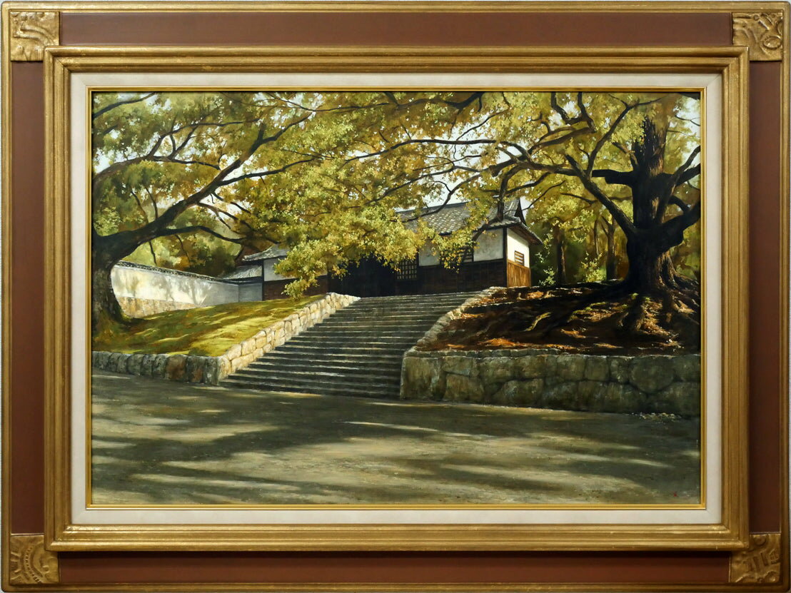 身野 友之「楠若葉（京都・青蓮院）」油絵・M20号 古き良き日本の風景を旅の空に求めて描く静謐の画家 小竹美術 真作保証