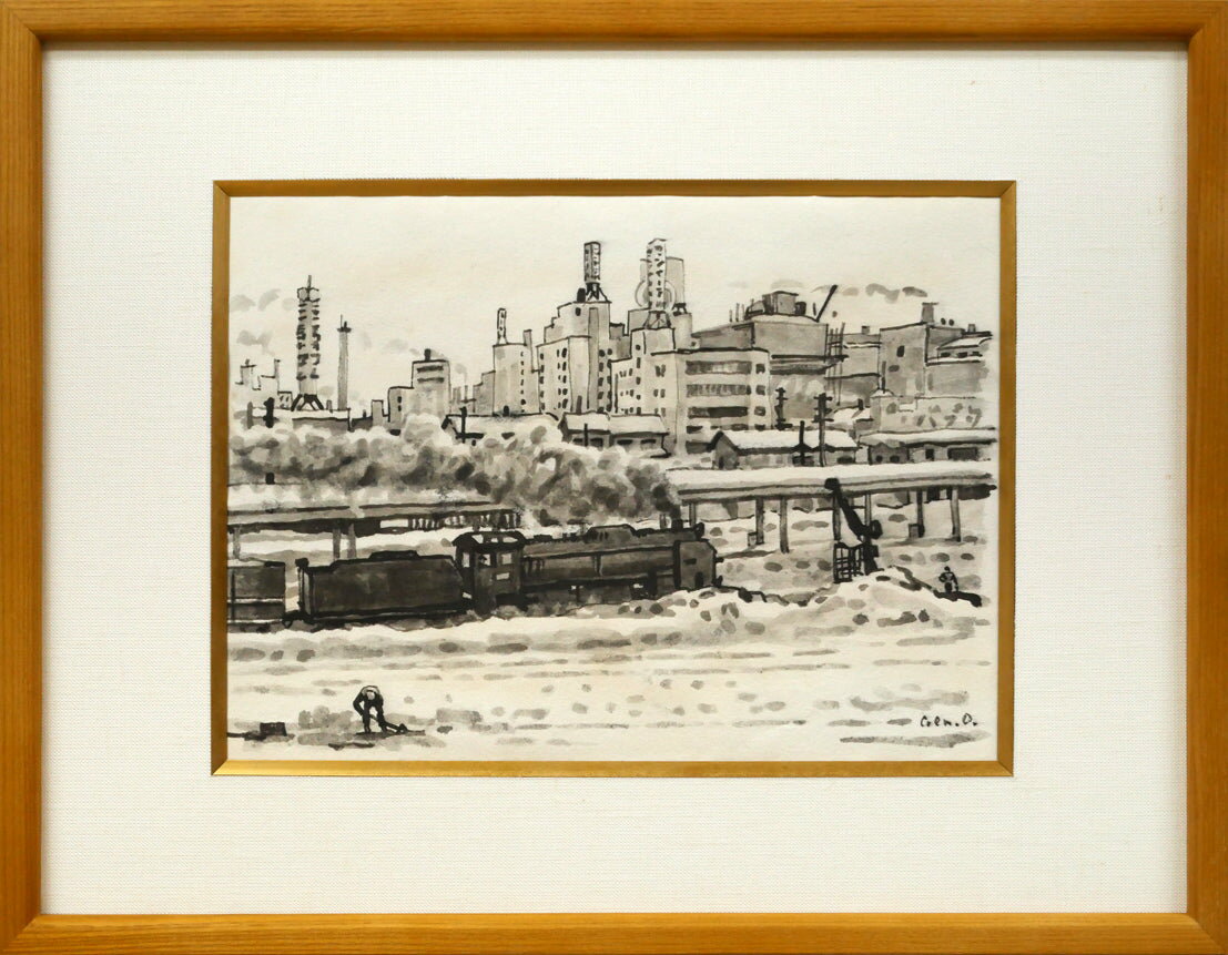 Rakuten - 大月　源二「春雪の札幌駅構内（画集掲載作）」水墨画・3号　小林多喜二の小説「蟹工船」のカット絵を手がける　小竹美術　真作保証