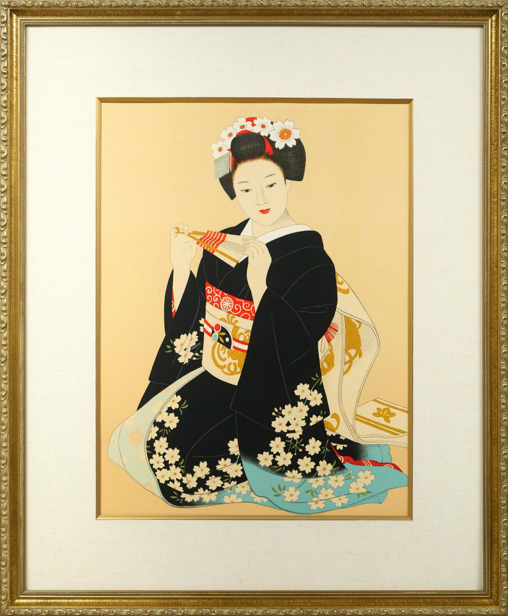 乐天商城 - 大竹　五洋「桜花（舞妓）」リトグラフ・限定サイン入　現代においての日本で最後の美人画家　伊東深水の内弟子　小竹美術　真作保証