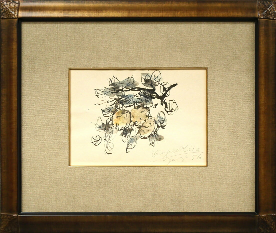 商品詳細 【　作者　】　木田　金次郎(キダ　キンジロウ) 【タイトル】　静物（果物） 【　技法　】　水彩画 【作品寸法】　2号（縦17×横24cm） 【額縁寸法】　縦41.2×横48.8cm 【作品状態】　良好（やや時代的な古さあり） 【額縁状態】　良好 【 付属品 】　ガラスあり、箱あり 【　備考　】　1956年9月作（岩内大火後の人気作） 【作者プロフィール】 有島武郎の「生まれ出づる悩み」で主人公のモデルとして描かれた画家 1893　　岩内生まれ 1908　　上京 1910　　白樺を愛読、有島武郎と出会う 1918　　大阪毎日、東京日々新聞に有島武郎が「生まれ出づる悩み」連載 1933　　東京で作品展開催 1945　　全道展創立会員（'49退会） 1954　　岩内大火で作品を失う 1954　　北海道文化賞 1962　　岩内で死去（69才） 1969　　北海道立美術館で「木田金次郎展」開催 1979　　北海道立近代美術館で「生まれ出ずる悩み・木田金次郎展」開催 1987　　北海道新聞社より「ミュージアム（7）・木田金次郎−生まれ出づる悩み」を刊行 1987　　北海道立近代美術館の「美術北海道100年展」出品 1997　　北海道立近代美術館コレクション100選に選ばれる 2003　　北海道新聞社編の「画集北海道・海のある風景」に作品掲載 ■作品収蔵：北海道立近代美術館・木田金次郎美術館（岩内）