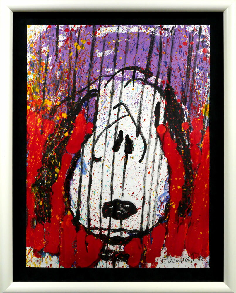 商品詳細 【　作者　】　トム　エバハート(TOM　EVERHART) 【タイトル】　WINTER 【　技法　】　リトグラフ 【 制作年 】　1996年作 【限定番号】　ed,178/250 【作品寸法】　縦77×横57.3cm 【額縁寸法】　縦92×横72.5cm 【作品状態】　良好 【額縁状態】　良好 【 付属品 】　アクリルあり、箱あり 【作者プロフィール】 1953年、アメリカワシントンDC生まれ。エール大学を卒業後、ニューヨーク、パリで絵画を学ぶ。'80年代に風景画家として成功を収める。またこの頃スヌーピーの生みの親であるチャールズ・シュルツ氏とデザイン会社のプレゼンテーションの場で出会ったことをきっかけにして、シュルツ氏から直々に絵の指導を受け始める。しかし'88〜'89に渡り病気のため入退院を繰り返す。この時の経験が転機をもたらす。 病状回復後「ピーナッツ」に関係した作品を描き始め、90年にはルーブル美術館を皮切りに、ヨーロッパ諸国・アメリカ・日本で個展を開催する。作品は漫画の表現を遥かに超えており、シュルツ氏が作品を「自由の祝福」の賜物として絶賛したと言われている。またシュルツ氏はエバハート氏が生涯に渡り作品を制作できるように保証した。'00年シュルツ氏が死去したことで、追悼の意を表すような作品を多く発表する。誰にも親しまれるスヌーピーの世界を独創的な光と点で表現する、世界でただひとりの「公認」アーティスト。 ◆スヌーピーが登場するコミック「ピーナッツ」原作者チャールズ・M・シュルツ氏から世界で唯一公認されたアーティスト