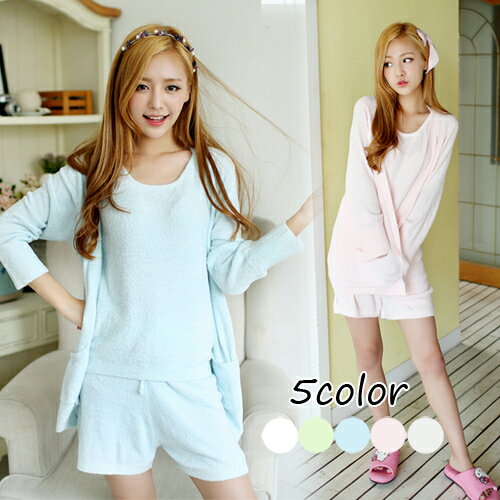 もこもこ ルームウェア 3点セット ハーフパンツ カーディガン セットアップ パステル ペールトーン 部屋着 ナイトウェア レディース ふわもこ ポケット付き フリーサイズ M-L（AKS613）