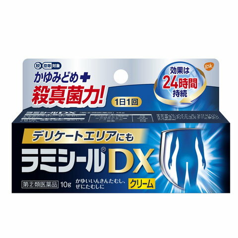 【ご注意】こちらの指定第2類医薬品についての用法用量・注意を必ずご確認ください。 質問ございましたら、薬剤師・登録販売者にご相談ください。医薬品区分 一般用医薬品 薬効分類 みずむし・たむし用薬 承認販売名 ラミシールDX 製品名 ラミシールDX 製品名（読み） ラミシールディーエックス 製品の特徴 ●有効成分である「テルビナフィン塩酸塩」の優れた殺真菌作用と角質層への浸透力は，1日1回の塗布で薬剤が患部に留まり，かゆみや痛みなどを引き起こすいんきんたむし・ぜにたむしに持続的に効果を発揮し，症状を治していきます。 ●クロタミトンが患部の不快なかゆみを鎮めます。 ●グリチルレチン酸が患部の炎症を抑えます。 ●l-メントールが爽やかな使用感を与えます。 ●尿素がいんきんたむし・ぜにたむしによる皮ふのかさかさ，ひび割れを改善します。また，角質を柔らかくし，薬剤の浸透を助けます。 ●べとつかない，サラッとした使いごごちのよいクリームです。 使用上の注意 使用上の注意 ■してはいけないこと （守らないと現在の症状が悪化したり，副作用が起こりやすくなります） 1．次の人は使用しないでください 　本剤又は本剤の成分によりアレルギー症状（例えば，発疹・発赤，かゆみ，はれ等）を起こしたことがある人 2．次の部位には使用しないでください 　（1）目や目の周囲，粘膜（例えば，口腔，鼻腔，膣等），陰のう，外陰部等 　（2）湿疹 　（3）湿潤，ただれ，亀裂や外傷のひどい患部 ■相談すること 1．次の人は使用前に医師，薬剤師又は登録販売者に相談してください 　（1）医師の治療を受けている人 　（2）妊婦又は妊娠している可能性のある人 　（3）乳幼児 　（4）薬などによりアレルギー症状を起こしたことがある人 　（5）患部が顔面又は広範囲の人 　（6）患部が化膿している人 　（7）「湿疹」か「みずむし，いんきんたむし，ぜにたむし」かがはっきりしない人 　　（陰のうにかゆみ・ただれ等の症状がある場合は，湿疹等他の原因による場合が多い。） 2．使用後，次の症状があらわれた場合は副作用の可能性があるので，直ちに使用を中止し，この説明文書を持って医師，薬剤師又は登録販売者に相談してください ［関係部位：症状］ 皮ふ：かぶれ，刺激感，熱感，鱗屑（りんせつ）・落屑（らくせつ）（フケ，アカのような皮ふのはがれ），ただれ，乾燥・つっぱり感，皮ふの亀裂，いたみ，色素沈着，発疹・発赤＊，かゆみ＊，はれ＊，じんましん＊ 　＊：全身に発現することがあります。 3．2週間位使用しても症状が良くならない場合や，本剤の使用により症状が悪化した場合は使用を中止し，この説明文書を持って医師，薬剤師又は登録販売者に相談してください 効能・効果 いんきんたむし，ぜにたむし、水虫 効能関連注意 用法・用量 1日1回，適量を患部に塗布してください。 用法関連注意 1．定められた用法を厳守してください。 2．患部やその周囲が汚れたまま使用しないでください。 3．本剤のついた手で，目や粘膜にふれないでください。 4．目に入らないように注意してください。万一，目に入った場合には，すぐに水又はぬるま湯で洗い，直ちに眼科医の診療を受けてください。 5．小児に使用させる場合には，保護者の指導監督のもとに使用させてください。 6．外用にのみ使用してください。 成分分量 100g中 成分 分量 テルビナフィン塩酸塩 1g クロタミトン 5g グリチルレチン酸 0.5g l-メントール 2g 尿素 5g 添加物 N-メチル-2-ピロリドン，オクチルドデカノール，グリセリン，カルボキシビニルポリマー，ステアリン酸グリセリン，ステアリン酸ポリオキシル，ジイソプロパノールアミン，pH調節剤 保管及び取扱い上の注意 1．直射日光の当たらない涼しい所に密栓して保管してください。 2．小児の手の届かない所に保管してください。 3．他の容器に入れ替えないでください（誤用の原因になったり，品質が変わることがあります。）。 4．使用期限をすぎた製品は使用しないでください。また，開封後は使用期限内であってもなるべく速やかに使用してください。 消費者相談窓口 グラクソ・スミスクライン・コンシューマー・ヘルスケア・ジャパン株式会社 お客様相談室 電話：0120-099-301 受付時間：9：00〜17：00（土，日，祝日を除く） 上記以外の時間で，誤飲，誤用，過量使用等の緊急のお問い合わせは下記機関もご利用いただけます。 連絡先：公益財団法人　日本中毒情報センター　中毒110番 電話：072-727-2499（24時間対応、365日対応） 製造販売会社 クラクソ・スミスクライン・コンシューマー・ヘルスケア・ジャパン株式会社 107-0052 東京都港区赤坂1-8-1　赤坂インターシティAIR 販売会社 剤形 塗布剤 リスク区分等 第「2」類医薬品 発売元／クラクソ・スミスクライン・コンシューマー・ヘルスケア・ジャパン株式会社　 区分／日本製 【第（2）類医薬品】 広告文責／株式会社コトブキ薬局　TEL／0667200480使用期限：期限まで1年以上のもの 「医薬品販売に関する記載事項」（必須記載事項）はこちら【ご注意】こちらの指定第2類医薬品についての用法用量・注意を必ずご確認ください。 質問ございましたら、薬剤師・登録販売者にご相談ください。