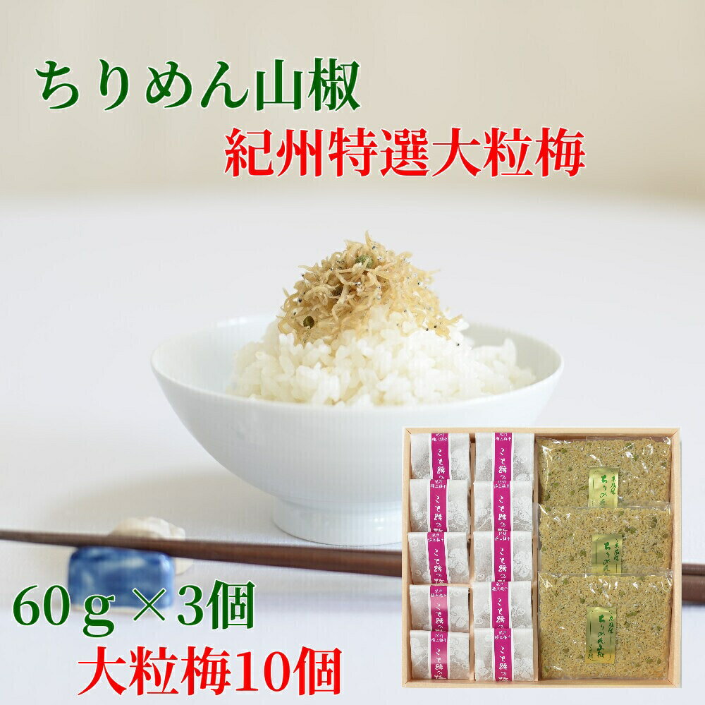 父の日ギフト プレゼント ちりめん山椒 60g×3個大粒梅10個 京都 無添加 ご飯のお供 ちりめん 山椒 佃煮 紀州特選梅 南高梅 ふりかけ お茶漬け ギフト 内祝