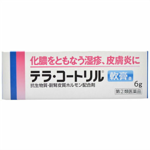 内容量：6g ■商品説明 「テラ・コートリル軟膏a 6g」は、化膿をともなう湿疹、皮膚炎に効く化膿性皮膚疾患用薬です。 優れた抗炎症作用を示すヒドロコルチゾン(副腎皮質ステロイド)とグラム陽性菌及び陰性菌などに広い抗菌力を示すオキシテトラサイクリン塩酸塩を配合しています。医薬品。 【使用上の注意】 ●してはいけないこと (守らないと現在の症状が悪化したり、副作用が起こりやすくなります) 1.次の人は使用しないでください。 (1)本剤又は本剤の成分によりアレルギー症状を起こしたことがある人。 (2)抗生物質または副腎皮質ホルモンによりアレルギー症状を起こしたことがある人。 2.次の部位には使用しないでください。 (1)水痘(水ぼうそう)、みずむし・たむし等のある患部。 (2)湿潤やただれのひどい患部。 (3)深い傷やひどいやけどの患部。 (4)目や目の周囲。 3.顔面には、広範囲に使用しないでください。 4.化粧用やひげそり後用として使用しないでください。 5.長期連用しないでください。 ●相談すること 1.次の人は使用前に医師、薬剤師又は登録販売者に相談してください。 (1)医師の治療を受けている人。 (2)妊婦又は妊娠していると思われる人。 (3)授乳中の人。 (4)薬などによりアレルギー症状を起こしたことがある人。 (5)患部が広範囲の人。 (6)小児 2.使用後、次の症状があらわれた場合は副作用の可能性があるので、直ちに使用を中止し、この文書を持って医師、薬剤師又は登録販売者に相談してください。 (関係部位：症状) 皮膚：発疹・発赤、かゆみ 皮膚 (患部)：みずむし・たむし等の白癬症、にきび、化膿症状、持続的な刺激感 3.5-6日間使用しても症状がよくならない場合は使用を中止し、この文書を持って医師、薬剤師又は登録販売者に相談してください。 【効能・効果】 化膿を伴う次の諸症：湿疹、皮膚炎、あせも、かぶれ、しもやけ、虫さされ、じんましん化膿性皮膚疾患(とびひ、めんちょう、毛のう炎) 【用法・用量】 1日1-数回、適量を患部に塗布するかガーゼなどにのばして貼付してください。 「用法・用量に関連する注意」 (1)用法・用量を厳守してください。 (2)小児に使用させる場合には、保護者の指導監督のもとに使用させてください。 (3)目に入らないよう注意してください。万一、目に入った場合には、すぐに水又はぬるま湯で洗ってください。なお、症状が重い場合には、眼科医の診療を受けてください。 (4)外用にのみ使用してください。 (5)この医薬品を塗布後、患部をラップフィルム等の通気性の悪いものでおおわないでください。 【成分・分量】 テラ・コートリル軟膏aは淡黄-黄色の軟膏で1g中の成分・分量は次のとおりです。 (成分：分量) オキシテトラサイクリン塩酸塩30mg (力価) ヒドロコルチゾン10mg 添加物として白色ワセリン、流動パラフィンを含有します。 ■剤型：軟膏剤 【保管および取扱い上の注意】 (1)直射日光の当たらない湿気の少ない涼しい所に密栓して保管してください。 (2)小児の手のとどかない所に保管してください。 (3)他の容器に入れかえないでください。(誤用の原因になったり品質が変わります) (4)使用期限(外箱及びチューブに記載)をすぎた製品は使用しないでください。 (5)本剤は黄色の軟膏ですので、衣服への付着に注意してください。 【お問い合わせ先】 こちらの商品につきましては、当店(ドラッグピュア）または下記へお願いします。 ジョンソン・エンド・ジョンソン株式会社 お客様相談室：0120-834389 受付時間：9：00-17：00(土、日、祝日を除く) 広告文責：株式会社ドラッグピュア 作成：201805ok 神戸市北区鈴蘭台北町1丁目1-11-103 TEL:0120-093-849 販売会社：ジョンソン・エンド・ジョンソン株式会社販売提携：武田薬品工業株式会社 製造販売：株式会社陽進堂 区分：指定第2類医薬品・日本製 登録販売者：松田誠司 使用期限：使用期限終了まで100日以上 ■ 関連商品 武田コンシューマーヘルスケア　お取扱商品 ジョンソン・エンド・ジョンソン　お取扱商品