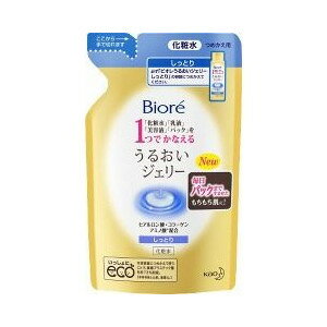 【商品説明】・洗顔後の「化粧水」「乳液」「美容液」「パック」がこれ1本で完了！1本4役の化粧水です。・なじませる感触が、するんっと変わる！これが浸透＆パック完了のサイン！ベタつかず心地よい使用感です。・翌朝までキメふっくらもちもち肌が長続き・ヒアルロン酸・コラーゲン・アミノ酸(保湿成分)配合・無香料・無着色・アレルギーテスト済み(すべての方にアレルギーが起こらないというわけではありません。)※本品はつめかえ用です。必ず「ビオレ うるおいジェリー しっとり」の容器につめかえてご使用ください。【使用方法】・洗顔後、適量を手にとり、顔全体になじませます。【成分】水、グリセリン、エタノール、BG、DPG、ジメチコン、セタノール、ヒアルロン酸Na、水溶性コラーゲン、アルギニン、ベタイン、キシリトール、セチルPGヒドロキシエチルパルミタミド、ステアロイルグルタミン酸、ジステアリン酸ソルビタン、ベヘン酸グリセリル、(アクリレーツ／アクリル酸アルキル(C10-30))クロスポリマー、EDTA-2Na、水酸化K、メチルパラベン 【注意事項】・傷、湿疹等異常のある時は使わない。・赤み、かゆみ、刺激等の異常が出たら使用を中止し、皮フ科医へ相談する。使い続けると症状が悪化することがある。・目に入らないよう注意し、入った時は、すぐに充分洗い流す。・子供や認知症の方などの誤飲等を防ぐため、置き場所に注意する。広告文責：株式会社ドラッグピュア作成：201410ST神戸市北区鈴蘭台北町1丁目1-11-103TEL:0120-093-849製造販売者：花王株式会社〒131-8501　東京都墨田区文花2-1-3区分：フェイスケア用品・日本製■ 関連商品花王株式会社ビオレ関連商品