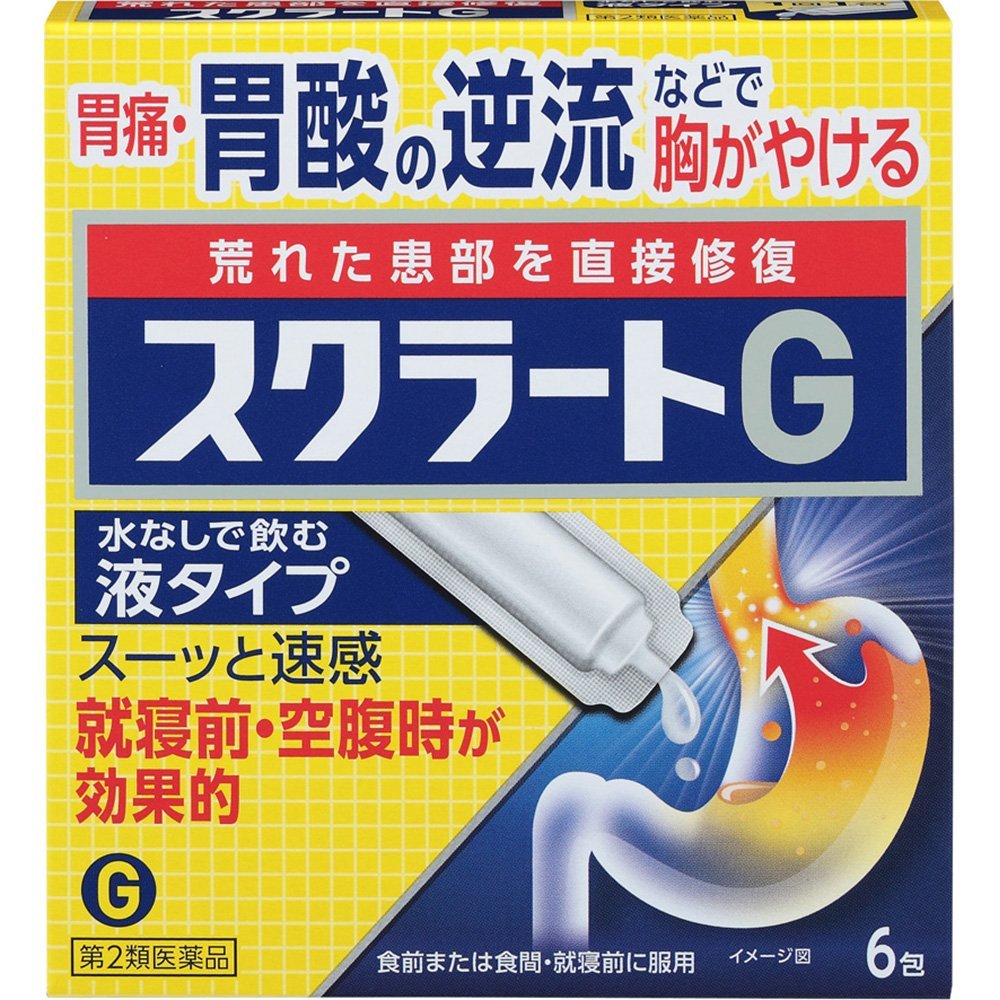 ■製品特徴胃痛・胃酸の逆流などで胸がやける荒れた患部を直接修復水なしで飲む液タイプ有効成分を荒れた患部に直接届けますスーッとした爽快感がすばやく広がります。●痛みのもと（粘膜の荒れた患部）を直接保護・修復します　スクラルファートが荒れた患部に直接貼りついて，胃酸などの攻撃から保護するとともに，患部を修復して，もとから治していきます。●すばやく，かつ持続的に胃酸を中和します　メタケイ酸アルミン酸マグネシウムと合成ヒドロタルサイトが胃酸をすばやくかつ持続的に中和して粘膜への刺激を軽減します。●2つの生薬が胃の働きを助けます　コウボクとソウジュツが胃の働きを高め，胃酸の排出を助けます。 ■使用上の注意 ■してはいけないこと■（守らないと現在の症状が悪化したり，副作用が起こりやすくなる） 1．次の人は服用しないでください　透析療法を受けている人。2．長期連続して服用しないでください ▲相談すること▲ 1．次の人は服用前に医師，薬剤師又は登録販売者に相談してください　（1）医師の治療を受けている人。　（2）次の診断を受けた人。　　腎臓病2．服用後，次の症状があらわれることがあるので，このような症状の持続又は増強が見られた場合には，服用を中止し，添付文書を持って医師，薬剤師又は登録販売者に相談してください　便秘，口の渇き，吐き気3．2週間位服用しても症状がよくならない場合は服用を中止し，添付文書を持って医師，薬剤師又は登録販売者に相談してください ■効能・効果胃痛，胸やけ，胃酸過多，げっぷ（おくび），もたれ（胃もたれ），胃重，胃部膨満感，胃部不快感，胸つかえ，飲み過ぎ（過飲），吐き気（むかつき，二日酔・悪酔のむかつき，胃のむかつき，嘔気，悪心），嘔吐 ■用法・用量次の量を食前または食間・就寝前に服用してください。［年齢：1回量：1日服用回数］成人（15才以上）：1包：3回15才未満：服用しないでください 【用法関連注意】（1）用法・用量を厳守してください。（2）中身をしぼり出すように服用してください。 ■成分分量 1日服用量（3包・17.4g)中 スクラルファート水和物 1500mg メタケイ酸アルミン酸マグネシウム 1500mg 合成ヒドロタルサイト 750mg コウボク流エキス 0.6mL （原生薬換算量0.6g） ソウジュツ流エキス 0.6mL （原生薬換算量0.6g） 添加物としてキサンタンガム，アルギン酸プロピレングリコールエステル，乳酸，炭酸水素ナトリウム，ポリオキシエチレン硬化ヒマシ油，パラベン，エタノール，スクラロース，l-メントール，香料を含有します。■剤型：液剤 ■保管及び取扱い上の注意（1）直射日光の当たらない涼しい所に保管してください。（2）小児の手の届かない所に保管してください。（3）他の容器に入れ替えないでください（誤用の原因になったり品質が変わります。）。（4）使用期限を過ぎた製品は使用しないでください。 【お問い合わせ先】こちらの商品につきましては、当店(ドラッグピュア）または下記へお願いします。ライオン株式会社　お客様センター電話：0120-813-752受付時間：9：00-17：00（土，日，祝日を除く）広告文責：株式会社ドラッグピュア作成：201804SN神戸市北区鈴蘭台北町1丁目1-11-103TEL:0120-093-849製造販売：ライオン株式会社区分：第2類医薬品・日本製文責：登録販売者　松田誠司使用期限：使用期限終了まで100日以上 ■ 関連商品ライオン　お取扱い商品スクラート　シリーズ