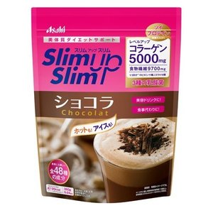 【スリムアップスリム シェイク ショコラ味の商品詳細】 ●濃厚な風味がクセになるおいしさのショコラ味が360g入った便利なパウチタイプ ●おきかえ食以外にも、日頃の食事で気になる栄養素やコラーゲン補給などお好みで調整可能! ●健康的なダイエットをするために必要なたんぱく質を配合 ●1／3日分のマルチビタミン(11種)＆ミネラル(4種)をきちんと配合 ●ダイエット中に気になる食物繊維は7g配合 ●人気の3つの美容素(コラーゲン5000mg、ヒアルロン酸25mg、コエンザイムQ10 10mgを配合 ●芳醇なカカオの味わい ●満腹たんぱく S-プロテイン配合 【召し上がり方】 ●美容ドリンクプラン 添付の計量スプーン1-3杯で… 約75-255ccの水とよく混ぜて、●カロリー約49-146kcaLでダイエットサポート スプーン3杯の場合：約8回分 ●1食おきかえプラン 添付の計量スプーン4杯で… 約300-340ccの水とよく混ぜて、●カロリー195kcaLでダイエットサポート●1／3日分※2のビタミン11種、ミネラル10種※4●コラーゲン5000mg+美容ケア成分 1食おきかえ(スプーン4杯)の場合：約6回分 【品名・名称】 たんぱく加工食品 【原材料】 大豆蛋白、脱脂粉乳、水溶性食物繊維、乳蛋白、豚コラーゲンペプチド、ココアパウダー、還元麦芽糖、砂糖、チョコレートパウダー、パン酵母末、インスタントコーヒー、酵母エキス、殺菌乳酸菌粉末、植物油脂、有胞子性乳酸菌末、リンゴ抽出物／クエン酸K、乳化剤、香料、酸化Mg、甘味料(アスパルテーム・L-フェニルアラニン化合物、アセスルファムK、スクラロース)、卵殻Ca、V.C、糊料(増粘多糖類)、V.E、ピロリン酸第二鉄、パントテン酸Ca、ナイアシン、V.B6、V.A、V.B1、V.B2、葉酸、V.D、V.B12 【栄養成分】 スプーン4杯(60g)当たり エネルギー194kcaL、たんぱく質27g、脂質2.3g、炭水化物23.7g(糖質14g、食物繊維9.7g)、食塩相当量0.55g、ビタミンA257-646μg、ビタミンB1 0.40mg、ビタミンB2 0.47mg、ビタミンB6 0.44mg、ビタミンB12 0.90μg、ビタミンC34mg、ビタミンD1.9-4.0μg、ビタミンE2.5mg、ナイアシン4.7mg、パントテン酸2.0mg、葉酸85μg、カルシウム272mg、マグネシウム107mg、鉄3.4mg、カリウム934mg、銅0.64mg、亜鉛4.3mg、マンガン1.5mg、セレン19μg、クロム19μg、モリブデン56μg 【保存方法】 直射日光、高温多湿をさけて保存してください。 【注意事項】 ●過度なダイエットを防ぎバランスの良い食生活をするために、食事とおきかえる場合は1日2食を限度としてご使用ください。 ●本品は1食分に必要な全ての栄養素を含むものではありません。 ●食物アレルギーの認められる方は、パッケージの原材料表記をご確認の上ご使用ください。 ●体質や体調によりまれにおなかがゆるくなるなど、身体に合わない場合があります。その場合は使用を中止してください。 ●カロリー制限によるダイエットは、ご使用される方の体質や、健康状態によっては体調を崩される場合があります。 ●妊娠・授乳中の方は、本品の使用をお控えください。 ●現在治療を受けている方は、医師にご相談ください。 ●開封後はチャックをしっかり閉め、お早めにお召し上がりください。 ●水に溶かしたとき、沈殿、だまができることがありますが、品質上問題ありません。 ●あたたかい飲み物で召し上がる際は、シェイカーの使用は危険ですのでおやめください。 ●小児の手の届かないところに置いてください。 ●食生活は、主食、主菜、副菜を基本に、食事のバランスを。 ◆スリムアップスリム シェイク ショコラ味 【お問い合わせ先】 こちらの商品につきましての質問や相談は、 当店(ドラッグピュア）または下記へお願いします。 アサヒグループ食品株式会社 TEL:0120-000-723 150-0022 東京都渋谷区恵比寿南2-4-1 広告文責：株式会社ドラッグピュア 作成：201810MK 神戸市北区鈴蘭台北町1丁目1-11-103 TEL:0120-093-849 製造販売：アサヒグループ食品株式会社 区分：健康食品 ■ 関連商品 アサヒグループ食品 お取扱い商品 スリムアップ シリーズ