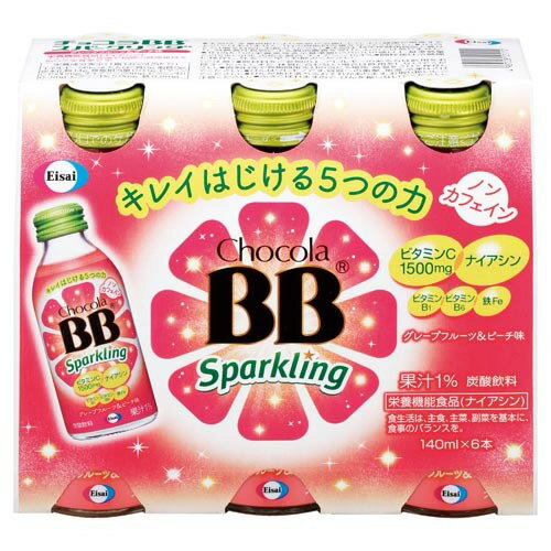 ■製品特徴【栄養機能食品（ナイアシン）】ナイアシンは、皮膚や粘膜の健康維持を助ける栄養素です。キレイ★うれしいナイアシンのほか、ビタミンB1、B6、C、Fe（鉄）を配合。レモン75個分のビタミンC（1500mg） 。飲みやすいグレープフルーツ＆ピーチ味（炭酸入り）。■内容量140ml×6■原材料糖類（果糖ぶどう糖液糖、水あめ）、果汁（もも、グレープフルーツ）、ビタミンC、香料、ピロリン酸鉄、酸味料、ナイアシン、コチニール色素、クチナシ色素、果実色素、ビタミンB6、甘味料（スクラロース）、ビタミンB1、レチシン（大豆由来）■栄養成分表示1瓶（140ml）当たり：エネルギー…56kcal　炭水化物…14g　ナトリウム…8mg　ビタミンC…1500mg　ナイアシン…20mg　ビタミンB1…0.3mg　ビタミンB6…5mg　鉄…0.8mg■使用方法1日当たり1瓶を目安にお飲みください。■保存方法1.直射日光や高温をさけて保存してください。2.開栓後は冷蔵庫に保存し、なるべく早くお飲み下さい。3.びんはワレモノです。加温・冷凍はしないでください。4.ふきこぼれますので、びんを振らないでください。5.キャップの切り口や突起物でケガをしないようご注意ください。6.液体が変色する場合がありますが、品質には問題ありません。■注意事項※原材料をご参照の上、アレルギーのある方は飲用をお控えください。また、体調・体質によって合わない場合は飲用を中止し、医師にご相談ください。本品は、多量摂取により疾病が治癒したり、より健康が増進するものではありません。1日の摂取目安量を守ってください。【お問い合わせ先】こちらの商品につきましての質問や相談は、当店(ドラッグピュア）または下記へお願いします。エーザイ株式会社〒112-8088　東京都文京区小石川4-6-10電話：0120-161-454平日 9:00〜18:00、土日・祝日 9:00〜17:00広告文責：株式会社ドラッグピュア作成：202101AY神戸市北区鈴蘭台北町1丁目1-11-103TEL:0120-093-849製造販売：エーザイ株式会社区分：食品・日本製文責：登録販売者 松田誠司■ 関連商品炭酸飲料関連商品エーザイ株式会社お取り扱い商品