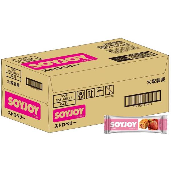 ■製品特徴「SOYJOY」ストロベリーは、小麦粉を使わずに、大豆粉でつくった生地にいちごを加えて焼き上げたバータイプの栄養食品です。いちごは性別・年代を超えて親しまれているフルーツで、「SOYJOY」ストロベリーの味覚調査においては「いちごの甘い香りが口いっぱいに広がって美味しい」、「フレッシュな味わい」と特に20代女性に好評を得ています。このたびストロベリーを大増量(※)！さらに果肉ぎっしり、香りふんわりになりました。※当社従来品比40％UP■内容量30g*48■原材料大豆粉（国内製造、遺伝子組換えでない）、レーズン、マーガリン、ストロベリー加工品、卵、ココナッツ、難消化性デキストリン、パインアップル加工品、クランベリー加工品、イヌリン、砂糖、ホワイトチョコレート、脱脂粉乳、食塩、乳等を主要原料とする食品/香料■栄養成分表示1本（30g）当たりエネルギー：133kcal、タンパク質：3.9g、脂質：7.1g（飽和脂肪酸：2.8g、トランス脂肪酸：0g）、コレステロール：5~11mg、炭水化物：15.6g（糖質：11.5g、食物繊維：4.1g）、食塩相当量0.07~0.17g、大豆イソフラボン：17mg■保存方法高温をさけ、涼しい場所に保存してください。■注意事項開封後は早くお召しあがりください。■アレルギー卵・乳成分・大豆※本品はピーナッツを含む製品と共通の設備で製造しています。【お問い合わせ先】こちらの商品につきましての質問や相談は、当店(ドラッグピュア）または下記へお願いします。大塚製薬株式会社〒101-8535 東京都千代田区神田司町2-9電話：0120-550-708受付時間：10:00〜16:00（土・日・祝日を除く）広告文責：株式会社ドラッグピュア作成：202102AY神戸市北区鈴蘭台北町1丁目1-11-103TEL:0120-093-849製造販売：大塚製薬株式会社区分：食品・日本製文責：登録販売者 松田誠司■ 関連商品ソイジョイ関連商品大塚製薬株式会社お取り扱い商品