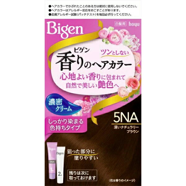 【商品説明】 ・ 密着して染める。濃密乳液が生え際にくいつきとどまる ・ 色持ち成分配合。染料の流出を抑え、日にちが経っても髪色キレイ！ ・ ツンとしない、ほのかなアロマの香り ・ 天然由来のトリートメント成分配合 【使用方法】 (1)混合クリームをつくります。 1剤と2剤を同量出し、よく混ぜます。 (2)クリームをぬります。 乾いた髪に、コームブラシでムラなくぬります。15分放置 (3)洗い流します。 よくすすぎ、シャンプー・リンスで仕上げます。 【セット詳細】 ・ 1剤・・・40g ・ 2剤・・・40mL 【成分】 ＜1剤＞ ・ 有効成分・・・5‐アミノオルトクレゾール、α‐ナフトール、パラアミノフェノール、メタアミノフェノール、硫酸トルエン‐2.5‐ジアミン、レゾルシン ・ その他の成分・・・HEDTA・3Na液、PEG‐8、PEG(32)、POEステアリルエーテル、POEセチルエーテル、POE(2)ラウリルエーテル、POE(21)ラウリルエーテル、アスコルビン酸、イソプロパノール、塩化トリメチルアンモニオヒドロキシプロピルヒドロキシエチルセルロース、オリブ油、強アンモニア水、高重合ジメチコン‐1、水酸化Na、ステアリルアルコール、セタノール、タウリン、ツバキ油、テアニン、パラベン、ヒアルロン酸Na‐2、ベヘントリモニウムクロリド、ポリ塩化ジメチルメチレンピペリジニウム液、無水亜硫酸Na、モノエタノールアミン、ヤシ油、ワセリン、黄203、香料 ＜2剤＞ ・ 有効成分・・・過酸化水素水 ・ その他の成分・・・PG、POE(20)POP(4)セチルエーテル、POEセチルエーテル、イソステアリルアルコール、クエン酸、ステアリルアルコール、ステアルトリモニウムクロリド、セタノール、フェノキシエタノール 【注意事項】 ・ ヘアカラーでかゆみ、発疹、発赤がでたことのある方は、絶対に使用しないでください。 ・ ご使用の際は必ず使用説明書をよく読んで正しくお使いください。 ・ ヘアカラーはまれに重いアレルギー反応をおこすことがあります。 ・ 次の方は使用しないでください。 (1)今までに本品に限らずヘアカラーでかぶれたことのある方 (2)今までに染毛中または直後に気分の悪くなったことのある方 (3)頭皮あるいは皮膚が過敏な状態になっている方 (病中、病後の回復期、生理時、妊娠中など) (4)頭、顔、首筋にはれもの、傷、皮膚病がある方 ・ ご使用の際には使用説明書にしたがい、毎回必ず染毛の48時間前に皮膚アレルギー試験(パッチテスト)をしてください。 ・ 薬剤や洗髪時の洗い液が目に入らないようにしてください。 ・ 眉毛、まつ毛には使用しないでください。 ・ 幼小児の手の届かない所に保管してください。 ・ 高温や直射日光を避けて保管してください。 ・ 幼小児には使用しないでください。 【お問い合わせ先】 こちらの商品につきましての質問や相談につきましては、 当店（ドラッグピュア）または下記へお願いします。 製造販売：ホーユー株式会社 お客様相談室 住所： 愛知県名古屋市東区徳川1-501 TEL:052-935-9941 受付時間：9:00〜17:00(土・日・祝日を除く) 広告文責：株式会社ドラッグピュア 作成：201902KT 住所：神戸市北区鈴蘭台北町1丁目1-11-103 TEL:0120-093-849 製造・販売：ホーユー株式会社 区分：医薬部外品・日本製 ホーユー株式会社　お取扱い商品 白髪 関連用品 ビゲン 香りのヘアカラー シリーズ