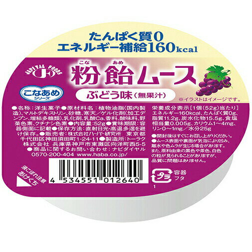 ■製品特徴 粉飴を使用した粉飴ムースは、エネルギー補給が必要な方におすすめしたいムースです。 糖質と脂質が主成分ですので、たんぱく質やリン・カリウムなどのミネラル摂取を制限されている方にも問題なくご利用いただけます。 ■お召し上がり方 食後や食間のデザートとしてお召し上がりください。冷やすとより一層おいしくお召し上がりいただけます。 ■原材料 マルトデキストリン、植物油脂、砂糖、寒天、ゲル化剤（加工デンプン、増粘多糖類）、乳化剤、乳酸Ca、香料、酸味料、野菜色素、クチナシ色素 ■アレルギー義務品目の情報（義務表示品目、推奨表示品目） なし ※この商品は乳を使用している製品と同じラインで製造しています。 【お問い合わせ先】 こちらの商品につきましては当店(ドラッグピュア)または下記へお願いします。 株式会社ハーバー研究所 商品(使用方法、成分内容など)やお肌のお悩みに関するお問い合わせ 電話：0120-12-8800 受付時間：月〜金 9:00〜19:00/土・日・祝日 9:00〜17:30 広告文責：株式会社ドラッグピュア 作成：201102W,201603SNリニュ,201808SN,202110SN 神戸市北区鈴蘭台北町1丁目1-11-103 TEL:0120-093-849 製造販売：株式会社ハーバー研究所 区分：食品・日本製 ■ 関連商品 ハーバー研究所　お取扱い商品 粉飴