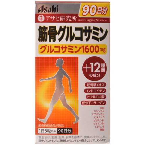 『筋骨グルコサミン 720粒』●アサヒ研究所が研究している「筋骨草」に、グルコサミンを配合したサプリメントです。●グルコサミン1600mg　年齢とともに体内から減っていくグルコサミンを1日目安あたりしっかり1600mg配合●12種類の成分　筋骨草をはじめ、コンドロイチン・ヒアルロン酸・低分子コラーゲンなど計12種類の成分をプラス。　グルコサミンと一緒に効率的に補えます。●飲みやすい粒 しかも1日8粒　アサヒ研究所にて感性工学の考え方に基づいた、飲み込みやすい粒に仕上げました。　さらに毎日続けられるよう、1日あたり8粒にしました。●亜鉛は、味覚を正常に保つのに必要な栄養素です。●亜鉛は、皮膚や粘膜の健康維持を助ける栄養素です。●亜鉛は、たんぱく質・核酸の代謝に関与して、健康の維持に役立つ栄養素です。【召し上がり方】・1日8粒を目安に、水またはお湯とともにお召し上がりください。【筋骨グルコサミンの原材料】豚コラーゲンペプチド(ゼラチン)、筋骨草エキス末(デキストリン、筋骨草エキス)、コンドロイチン含有サメ軟骨エキス末(デキストリン、サメ軟骨エキス)、ヒアルロン酸、グルコサミン(エビ・カニ由来)、セルロース、貝Ca、グルコン酸亜鉛、酸化Mg、ステアリン酸Ca、糊料(プルラン)、酢酸ビタミンE(乳成分を含む)、セラック、ビタミンD、ビタミンB6、ビタミンB1、葉酸 【栄養成分】(1日8粒(2576mg)当たり)亜鉛・・・7mg(100％)ビタミンE・・・8mg(100％)カルシウム・・・50mgマグネシウム・・・30mgビタミンD・・・5μgビタミンB1・・・1mgビタミンB6・・・1mg葉酸・・・200μgコンドロイチン含有サメ軟骨エキス末・・・10mg筋骨草エキス末・・・100mgコラーゲン・・・100mgヒアルロン酸・・・1mg 【注意事項】・本品は、多量摂取により疾病が治癒したり、より健康が増進するものではありません。・亜鉛の摂りすぎは、銅の吸収を阻害するおそれがありますので、　過剰摂取にならないよう注意し、1日の摂取目安量を守ってください。・乳幼児・小児は本品の摂取を避けてください■お問い合わせ先こちらの商品につきましての質問や相談につきましては、当店（ドラッグピュア）または下記へお願いします。アサヒフード＆ヘルスケア株式会社TEL：0120-630-611＜受付時間＞：10:00〜17:00（土・日・祝日を除く）広告文責：株式会社ドラッグピュア作成：201212KY神戸市北区鈴蘭台北町1丁目1-11-103TEL:0120-093-849製造販売：アサヒフード＆ヘルスケア株式会社区分：健康食品 ■ 関連商品 ■ドラックピュア　ピュアグルコラクト■■グルコサミン関連商品■■アサヒフード＆ヘルスケア株式会社■