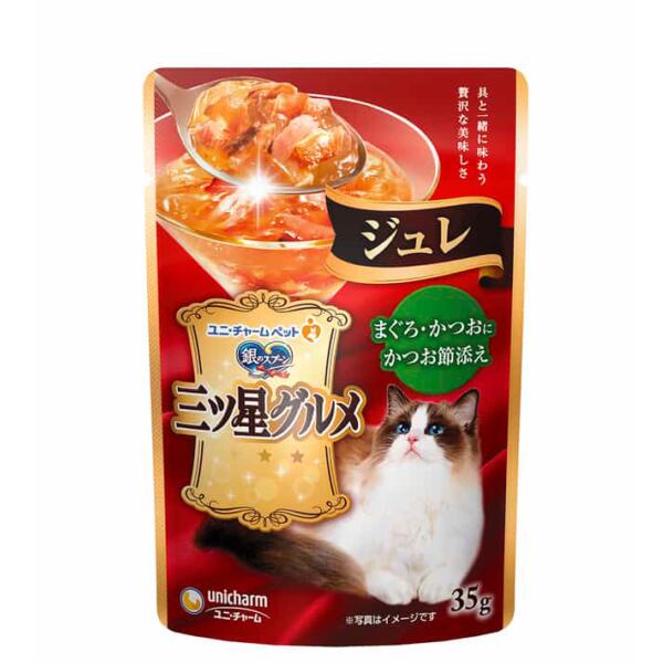 【本日楽天ポイント4倍相当】ユニ・チャーム株式会社 銀のスプーン三ツ星グルメパウチ　ジュレまぐろ・かつおにかつお節添え　35g【北海道沖縄は別途送料必要】【CPT】