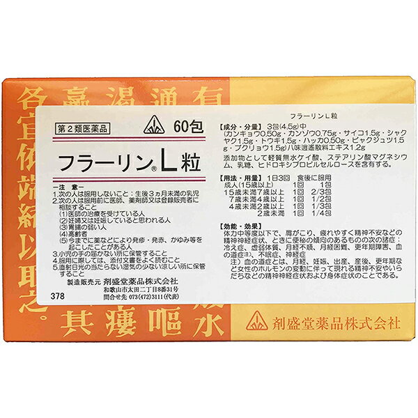 ※画像はイメージです。実際のパッケージと異なる場合がございます。★製品の特徴 ◆フラーリンL粒は、和剤局方という書物に書かれている処方を基本にした漢方薬の顆粒剤です。体力中等度以下で、肩がこり、疲れやすく精神不安などの精神神経症状があったり、便秘の傾向がある方の、冷え症・虚弱体質・月経不順などの症状を改善します。◆使用上の注意 ■してはいけないこと（守らないと現在の症状が悪化したり、副作用が起こりやすくなる）次の人は服用しないこと　生後3ヵ月未満の乳児。■相談すること1．次の人は服用前に医師、薬剤師又は登録販売者に相談すること　（1）医師の治療を受けている人。　（2）妊婦又は妊娠していると思われる人。　（3）胃腸の弱い人。　（4）高齢者。　（5）今までに薬などにより発疹・発赤、かゆみ等を起こしたことがある人。2．服用後、次の症状があらわれた場合は副作用の可能性があるので、直ちに服用を中止し、この文書を持って医師、薬剤師又は登録販売者に相談すること［関係部位：症状］皮膚：発疹・発赤、かゆみ消化器：吐き気・嘔吐、食欲不振3．1ヵ月位服用しても症状がよくならない場合は服用を中止し、この文書を持って医師、薬剤師又は登録販売者に相談すること4．他の医薬品等を併用する場合には、含有成分の重複に注意する必要があるので、医師、薬剤師又は登録販売者に相談すること◆効能・効果 体力中等度以下で、肩がこり、疲れやすく精神不安などの精神神経症状、ときに便秘の傾向のあるものの次の諸症：冷え症、虚弱体質、月経不順、月経困難、更年期障害、血の道症、不眠症、神経症※効能関連注意 注）血の道症とは、月経、妊娠、出産、産後、更年期など女性のホルモンの変動に伴って現れる精神不安やいらだちなどの精神神経症状および身体症状のことである。◆用法・用量 次の量を食後に、コップ半分以上のぬるま湯にて服用して下さい。［年齢：1回量：1日服用回数］成人（15歳以上）：1包：3回15歳未満7歳以上：2／3包：3回7歳未満4歳以上：1／2包：3回4歳未満2歳以上：1／3包：3回2歳未満：1／4包：3回◆用法関連注意 （1）用法・用量を厳守すること。（2）小児に服用させる場合には、保護者の指導監督のもとに服用させること。（3）1歳未満の乳児には、医師の診療を受けさせることを優先し、やむを得ない場合にのみ服用させること。（4）生後3ヵ月未満の乳児には服用させないこと。◆成分分量 3包(4.5g)中成分分量内訳八味逍遙散料エキス1.2g（カンキョウ0.50g・カンゾウ0.75g・サイコ1.5g・シャクヤク1.5g・トウキ1.5g・ハッカ0.50g・ビャクジュツ1.5g・ブクリョウ1.5g）添加物 軽質無水ケイ酸、ステアリン酸マグネシウム、乳糖、ヒドロキシプロピルセルロース◆保管及び取扱い上の注意 （1）直射日光の当たらない湿気の少ない涼しい所に保管すること。（2）小児の手の届かない所に保管すること。（3）他の容器に入れ替えないこと。（誤用の原因になったり品質が変わる。）（4）1包を分割した残りを服用する場合には、袋の口を折り返して保管し、2日以内に服用すること。剤形 ：散剤リスク区分等 ：第2類医薬品消費者相談窓口 会社名：剤盛堂薬品株式会社問い合わせ先：学術部電話：073（472）3111（代表）受付時間：9：00〜12：00　13：00〜17：00（土、日、祝日を除く）製造販売会社 剤盛堂薬品（株） 会社名：剤盛堂薬品株式会社住所：〒640-8323　和歌山市太田二丁目8番31号広告文責：株式会社ドラッグピュア作成：201708KY神戸市北区鈴蘭台北町1丁目1-11-103TEL:0120-093-849製造販売者：剤盛堂薬品株式会社区分：第2類医薬品・日本製文責：登録販売者　松田誠司●ドラッグピュアおすすめホノミ漢方製剤●ホノミ漢方の漢方製剤は現代人の体質に合わせた独自処方または薬味の加減（増やしたり減らしたりすること）を行っている製剤がほとんどです。またエキス製剤に加え刻み生薬を加えているものも多くございます。そのような事により、一般的な処方と比較し、体質によっての効果の増減を減らすことや胃腸など他の臓器への負担を減らすことや、効果のタイミングを長くすることが出来ます。更には上記のことからお困りの症状に対しての働きかけもより効果的なものとなります。詳しくは、弊店の漢方アドバイザー又は、生活習慣病アドバイザーにお尋ねくださいませ。より適した選薬のために選薬質問書をご用意いたしております。ご選薬が難しい場合やご体質の分析をご希望の方はご購入前にご相談をいただければと存じます。----------------------------------------------------------------------------------------------------■選薬質問書をご希望の方はこちらからお申し込みくださいませ。