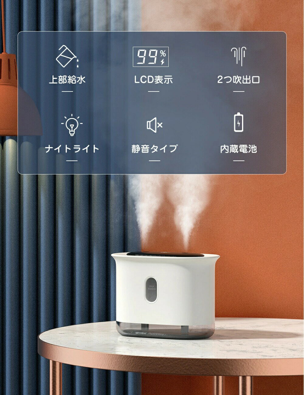 【2024新モデル】加湿器 卓上 スチーム 上部給水 加湿器 おしゃれ 超音波式 コードレス 6畳 8畳 10畳 上から給水 ダブルノズル スチーム加湿器 ライト付き LCD電池残量表示 自動停止 空焚き防止 大容量 オフィス 静音 省エネ