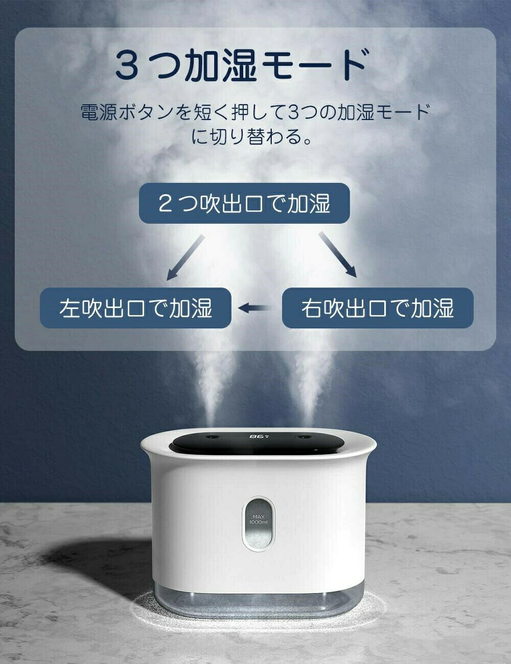 【2024新モデル】加湿器 卓上 スチーム 上部給水 加湿器 おしゃれ 超音波式 コードレス 6畳 8畳 10畳 上から給水 ダブルノズル スチーム加湿器 ライト付き LCD電池残量表示 自動停止 空焚き防止 大容量 オフィス 静音 省エネ