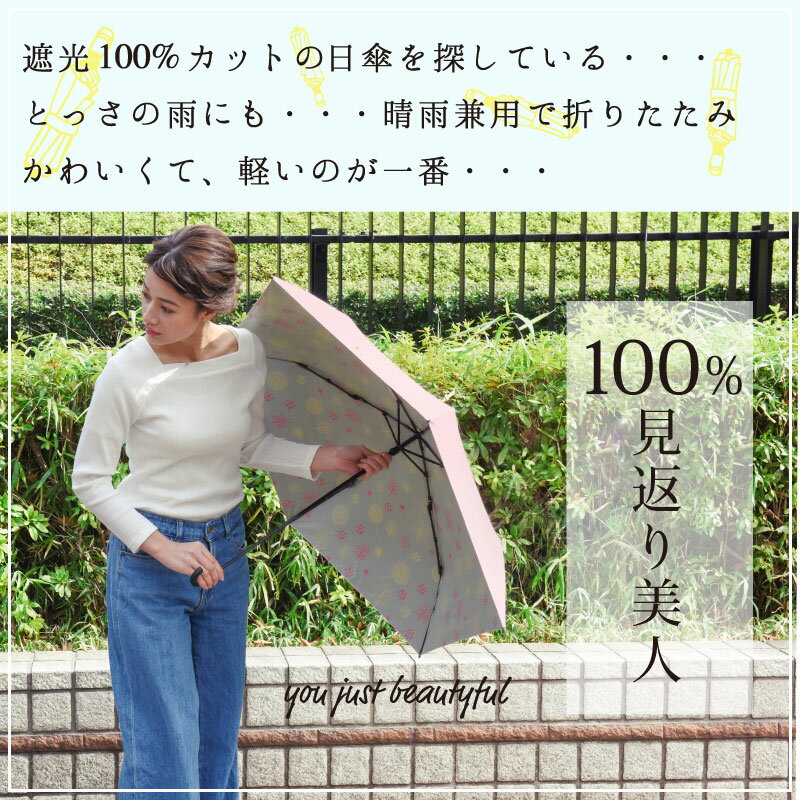 【ラインお友達で300円OFFクーポン】日傘 折りたたみ 完全遮光 晴雨兼用 3段伸縮 UPF UVカット 日傘 ベージュ・ピンク色 柄 模様 ベージュ ボタニカル 森林 日傘 国内ブランド solshade ソルシェード No,014 (solshade014) 3