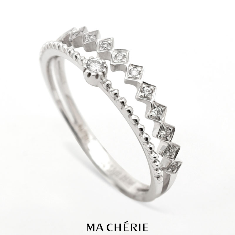 MA CHERIE マシェリ 天然 ダイヤモンド リング 指輪 K18 WG Au750 / 0.173ct / 11号 1.5g 白金 ホワイトゴールド カラット グレード 細め ダブル 2連デザイン