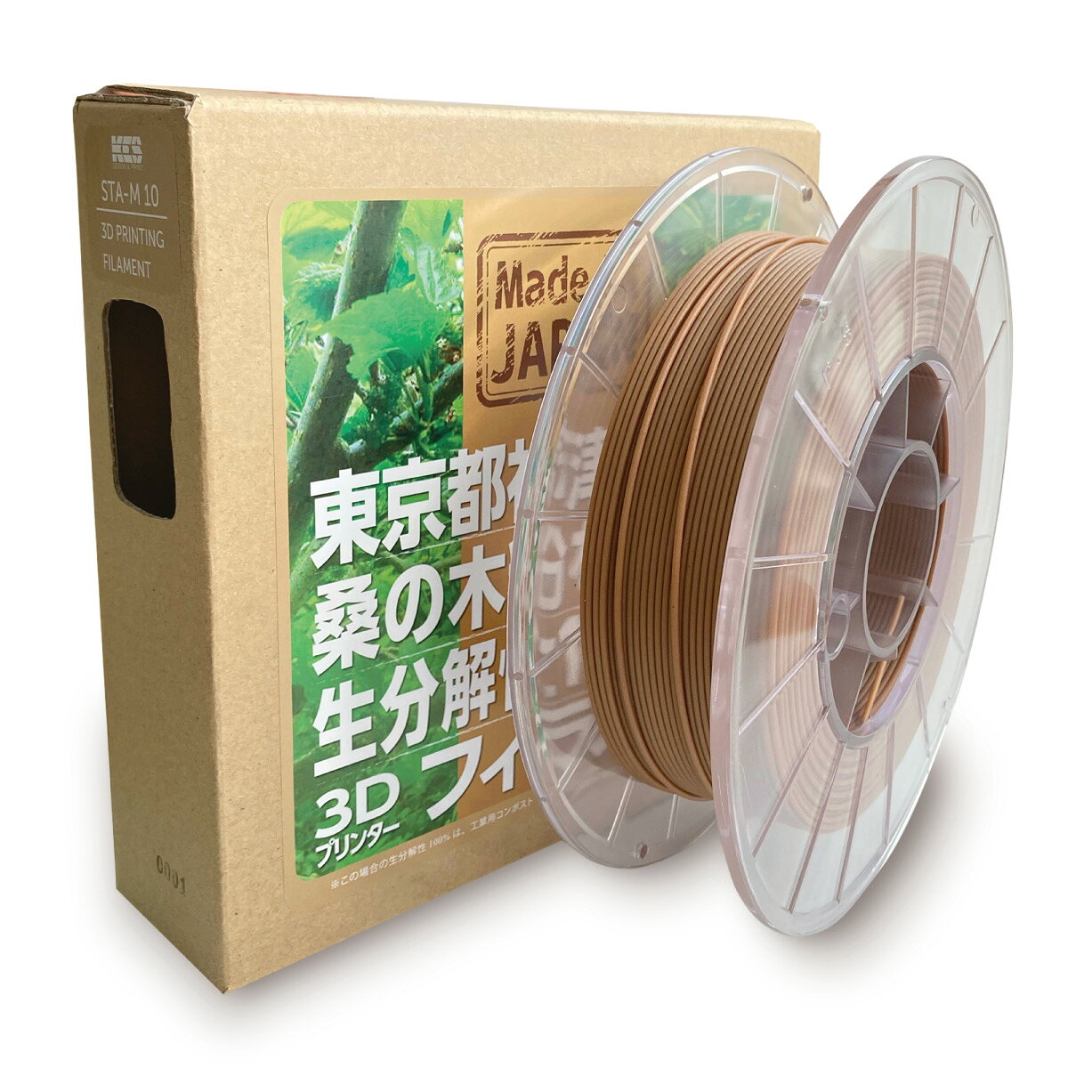 東京都神津島で育った桑の木を粉末化し配合した、3Dプリンター用フィラメントです。 PLAベースに木粉を加えることで、自然な木質感と加工性を実現しました。 出力後にサンドペーパーで軽く研磨することで、よりリアルな風合いに仕上げることが可能です。 さらに、塗装やニス加工にも対応し、オリジナル作品の表現の幅を広げます。 インテリア雑貨や模型、試作品制作などに最適です。 工業用コンポスト環境（温度60℃以上・湿度60%以上）において生分解性を有する素材を使用しています。 本製品は通常のPLAと同様に使用可能ですが、木粉を含むため温度や速度の微調整により、より良い仕上がりになります。 調整と仕上げを楽しみながら、あなただけの作品づくりにお役立てください。 ※初心者の方でもご使用いただけますが、設定を微調整することでより安定した出力が可能です。 ※木粉を含むため、通常のPLAと比較してノズル詰まりが発生する場合があります。0.5mm以上のノズルを使用すると安定しやすくなります。 ■ 神津島の桑について 神津島は離島という環境から、桑や蚕の病害が少なく、昭和初期まで養蚕が盛んに行われていました。 しかし絹の需要減少により養蚕は廃止され、桑園は次第に放棄され、現在は野生林となっています。 その桑の木を乾燥・粉砕した木粉を原料の一つとして、3Dプリンター用フィラメントを開発しました。 島の資源を新たな価値へとつなげた、サステナブルな素材です。 ■特徴 神津島産 桑の木粉使用（国産素材） 木のような質感・自然な仕上がり 研磨・塗装対応（仕上げ加工可能） PLAベースで扱いやすい 神津島産桑木粉を活用した素材技術（特許第7158780号） ■ 仕様 フィラメント径：1.75mm 内容量：0.5kg（約200m） ※モニターの発色により実際と異なる場合があります。ご了承ください。