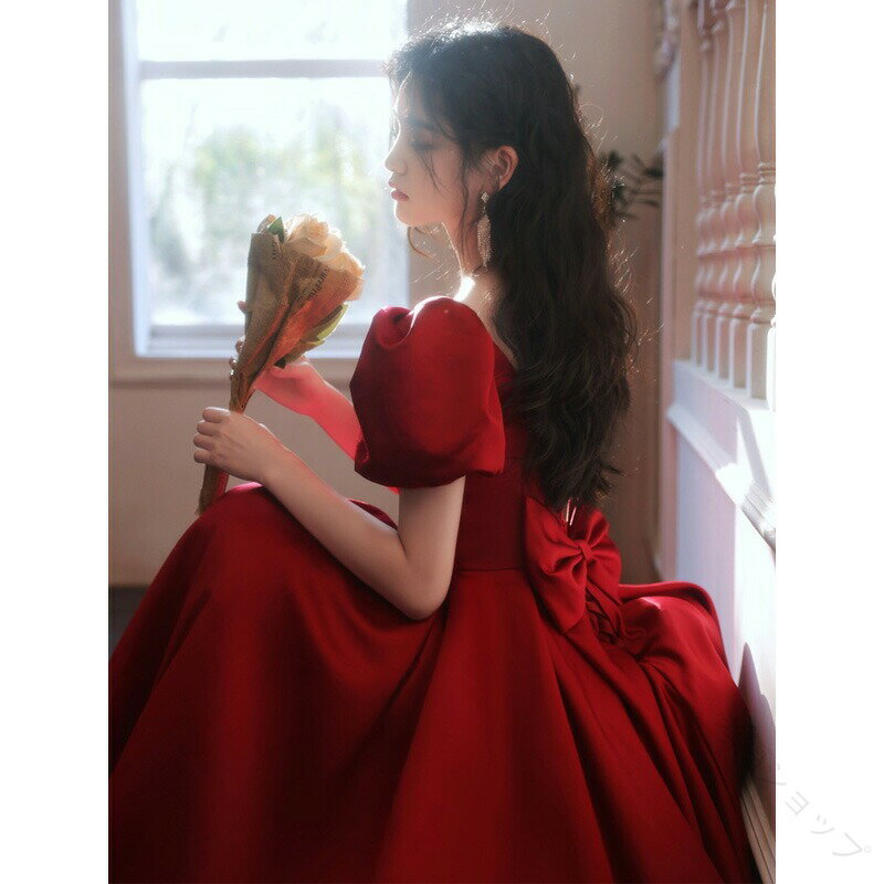 ゲストドレス 結婚式ドレス ワイン赤 二次会ドレス サテン素材 バックリボン付 オシャレなイブニングドレス パーティードレス ワインレッド パフスリーブ ロング丈 Aライン 発表会ドレス XS S M L XL XXL XXXL対応