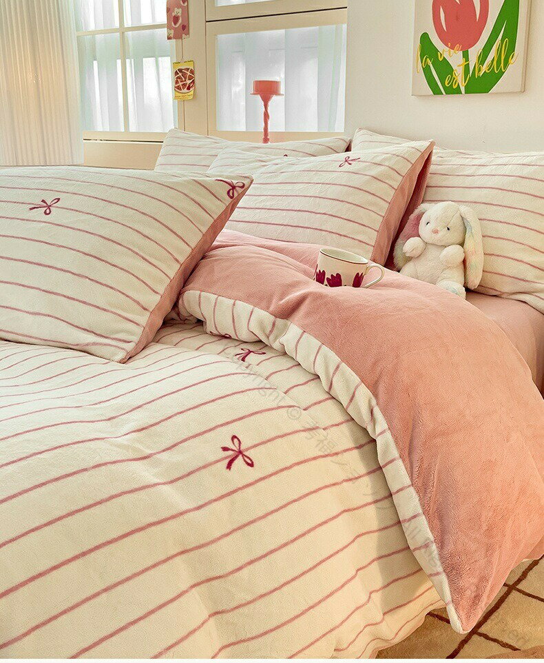 布団カバーセット ストライプ柄 韓国風 可愛い 厚手フランネル 冬用 柔らか シングル ダブル クイーン ..