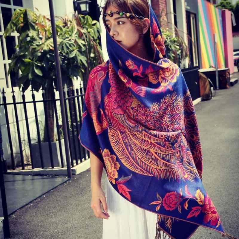 ストール レディース 女性用 秋冬 冬 春夏 オールシーズン 孔雀柄 民族柄 エスニック柄 レトロ調 トーテム柄 厚手 コットン 綿 フリン..