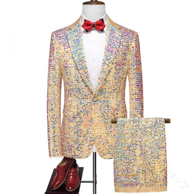 メンズスーツ全身スパンコールキラキラテーラードジャケットパンツ2点セット注目メンズ舞台スーツセットタキシードスパンコールカラオケジャケットステージ衣装光沢感抜群の豪華演出用