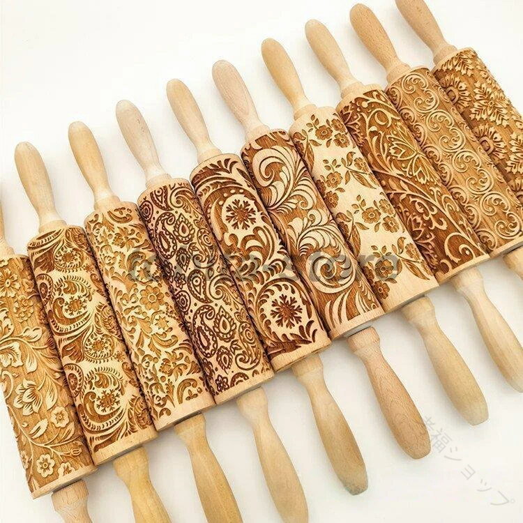 クッキー 手作り クッキー型 クッキーローラー ローリングピン 木製 麺棒 生地 刻ま 型 焼菓子 ビスケット生地 キッチン