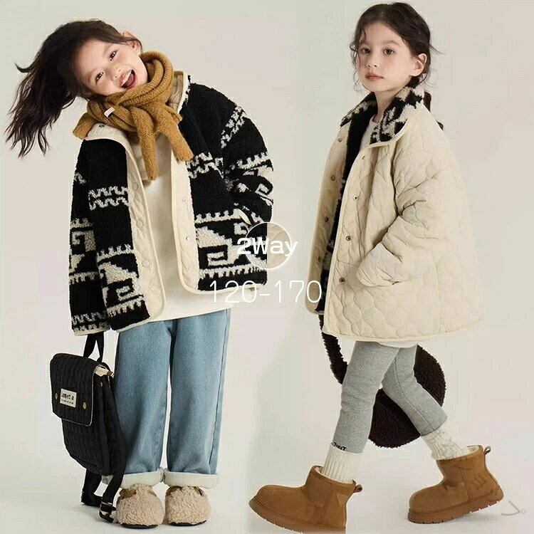 Rakuten - こども アウター キルティング ジャケット 2WAY デザイン 120-170 サイズ 中綿 入り 防寒 コート 女の子 服 冬 の おしゃれ 通園 通学 キッズ ファッション 保温 アイテム 総柄 デザイン 可愛い キッズ ウェア アウトドア 着 秋冬 着用 フード なし