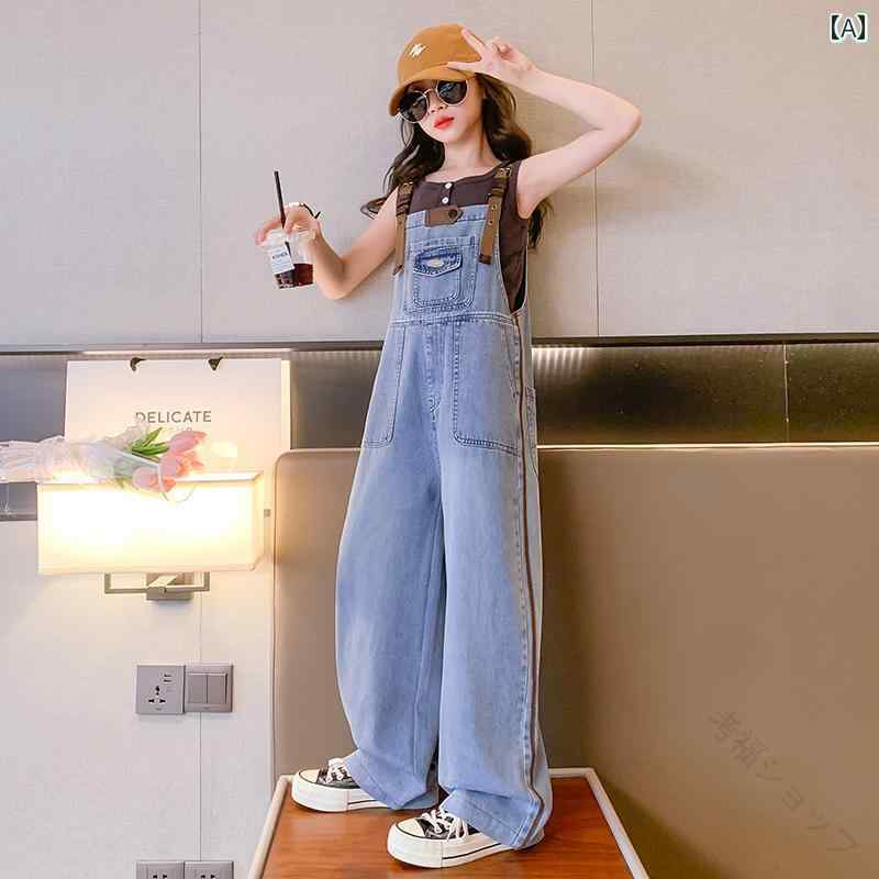 デニム オーバーオール キッズ サロペット 子供服 女の子 ボトム シャツ 春夏 2点 セット ブルー かわ..