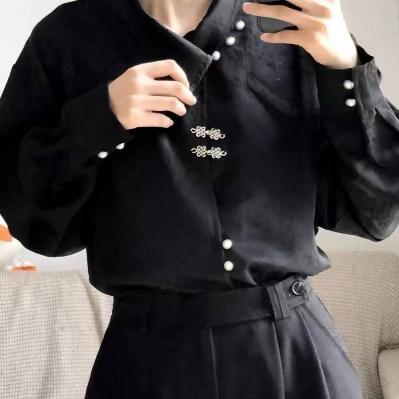 チャイナ シャツ メンズ レディース 中華風 春秋 カジュアル エスニック レトロ トップス 長袖 スタンドカラー 韓服 ディスクボタン ブラック ホワイト お...