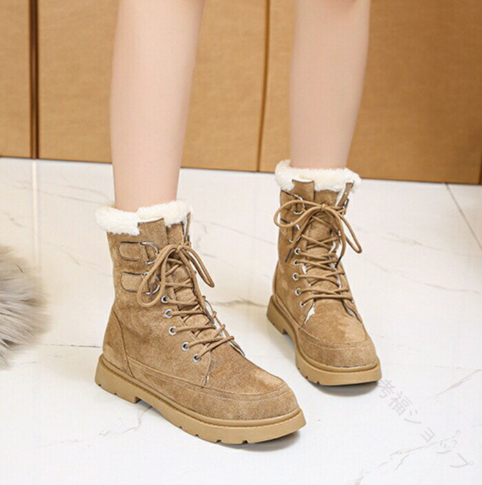 ムートンブーツ レディース ショートブーツ 厚底 レースアップラウンドトゥ ブーツ とろーりシャギー ふわふわボア ハイカットスニーカー スエード靴 女生 美脚...