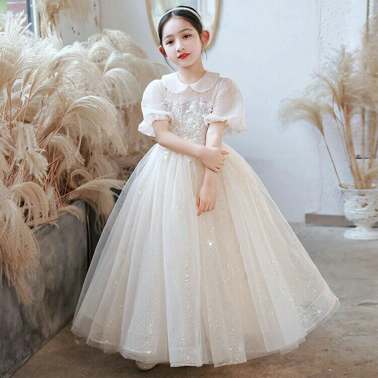 子供ドレス 襟付き 可愛い ピアノ発表会ドレス ロングドレス シャンパン色 グレー 女児ドレス パフスリーブ 演奏会ドレス フォーマル キッズドレス 演出服 100 110 120 130 140 150 160