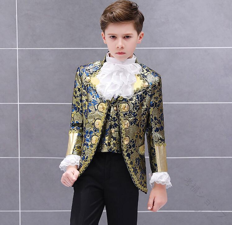 男の子舞台ステージ衣装 花柄貴族衣装 王子様コスチューム 子供スーツセットアップ5点セット ミュージカル オペラ 欧米王子様コスプレ舞台スーツ 舞台衣装 欧風ヨーロッパ風 王様王族服 貴公子公爵貴族 コスプレ ハロウィン 舞台劇 学園祭 豪華仕様 3